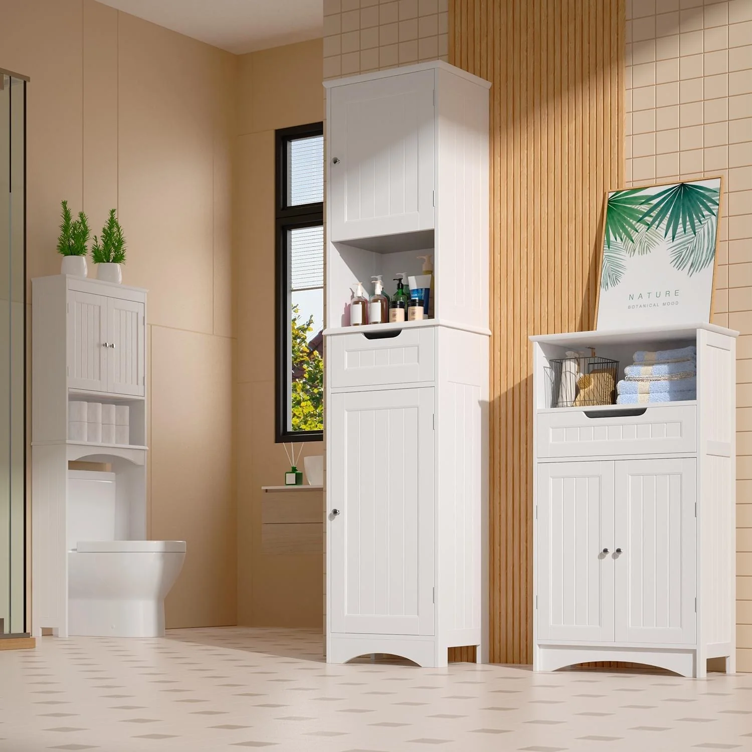 Freestanding Narrow Tall Bathroom Storage Cabinet with Adjustable Shelves, Door and Open Shelves