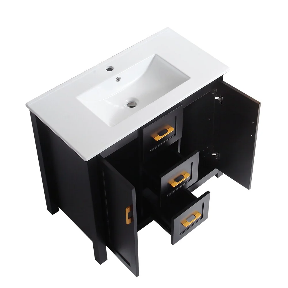 Bathroom Vanity with Single Sink, Wood Storage Cabinet with 2 Soft Closing Doors, Freestanding Vanity Cabinet with 3 Drawers