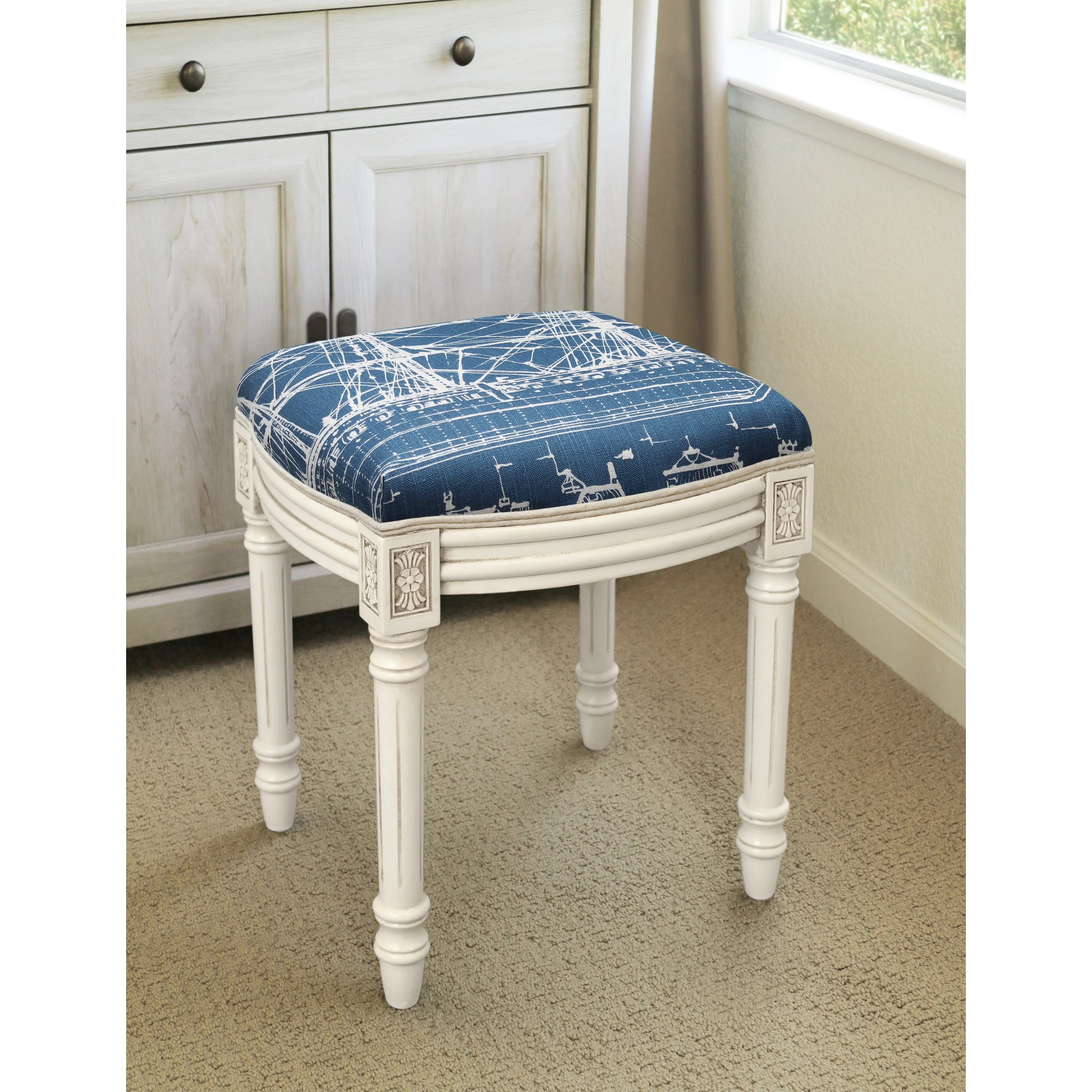 Ship Navy Blue and Antique-white-finished Vanity Stool