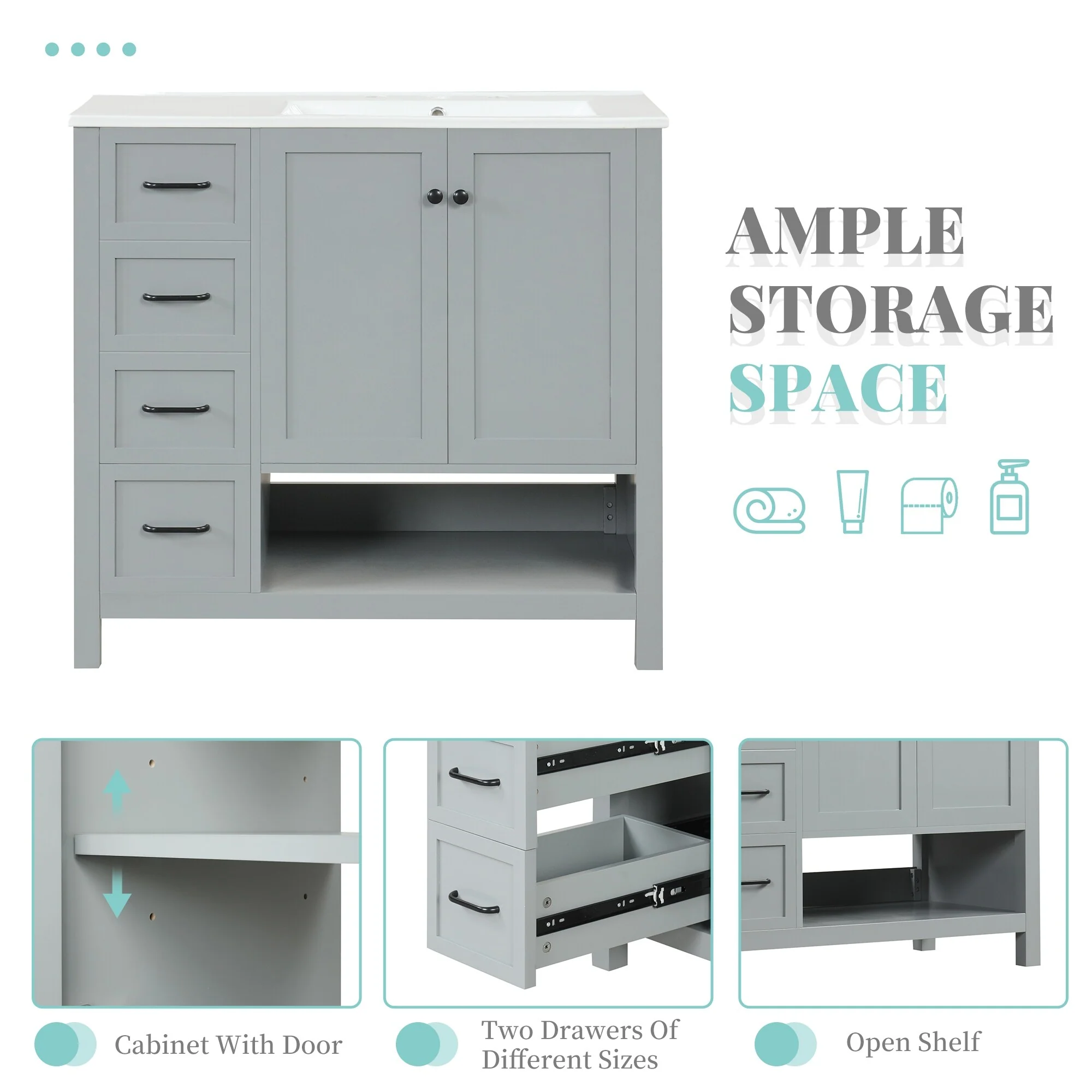 Bathroom Vanity with Ceramic Sink, Bathroom Storage Cabinet with 2 Drawers, Bathroom Vanity with 1 Tip-Out Drawer and 1 Door