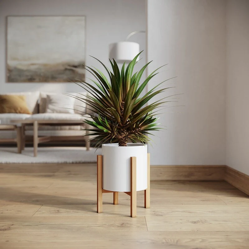 Raya White Mid-Century Modern Planter with 4-Leg Wood Base