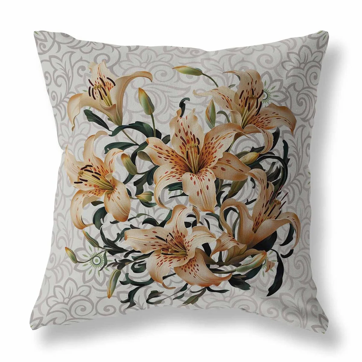 Grey And Vanilla Enchanted Lily Affair Indoor/Outdoor Throw Pillow Zipper
