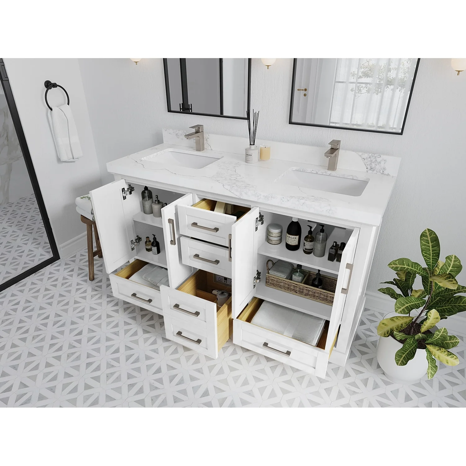 Willow Collection 60 in W x 22 in D x 36 in H Boston Double Bowl Sink Bathroom Vanity with Countertop