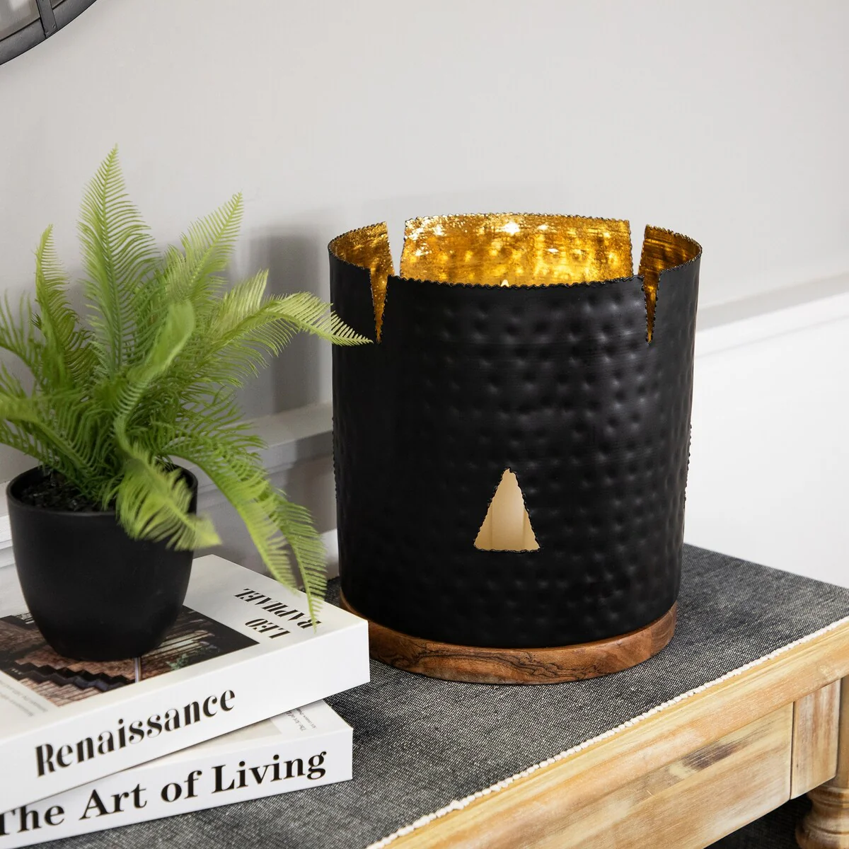 Iron and Pillar Candle Holder with Wood Base - 11.75