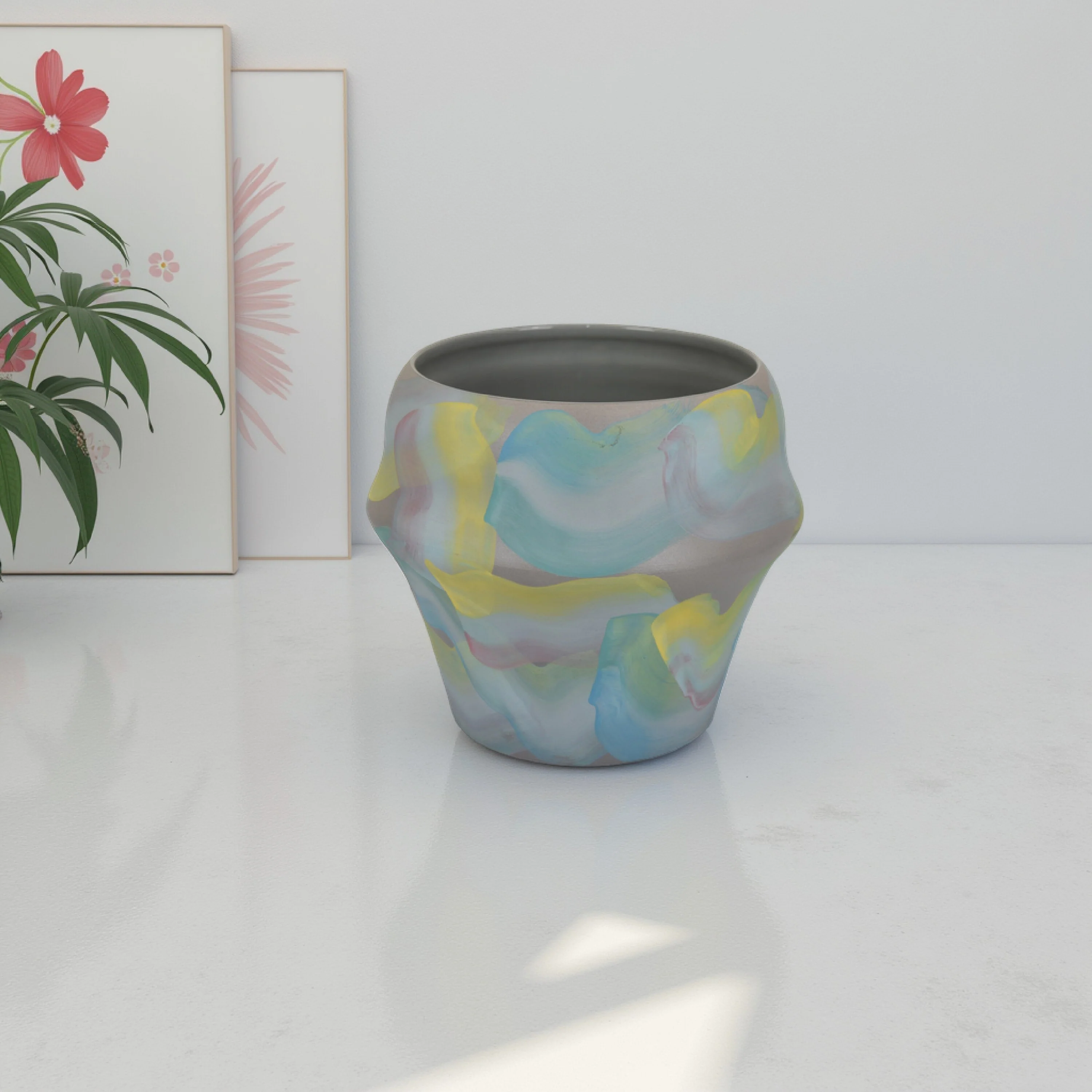 Accent Flower Vase, Brushstroke Pattern Blue Yellow Ceramic, 10 Inch