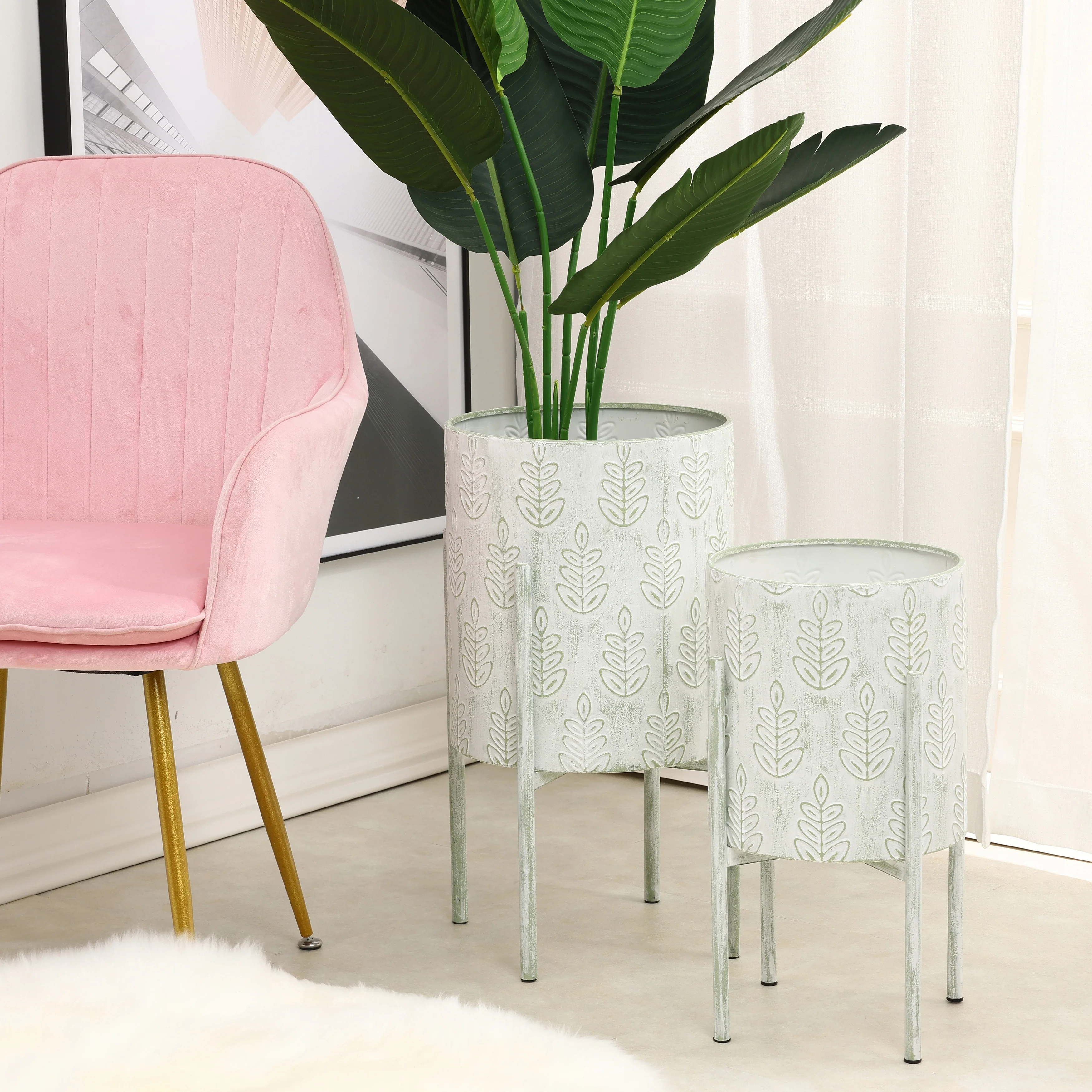 White and Sage Green Metal Leaf Cachepot Planters (Set of 2)