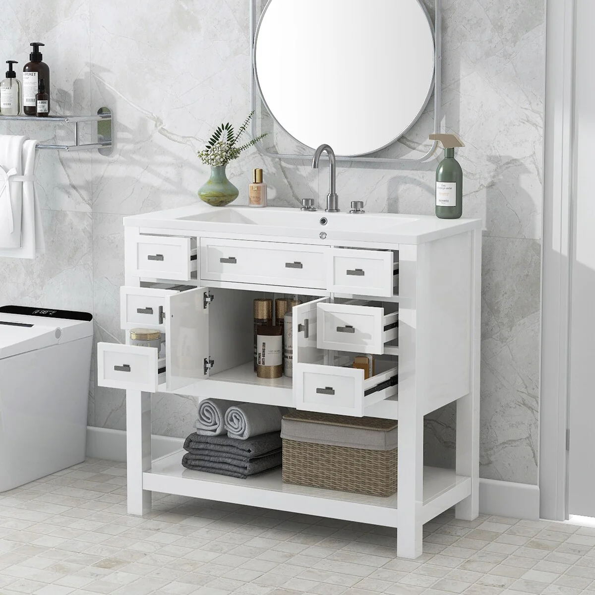 36'' Bathroom Vanity Modern Bathroom Storage Cabinet with 6 Drawers