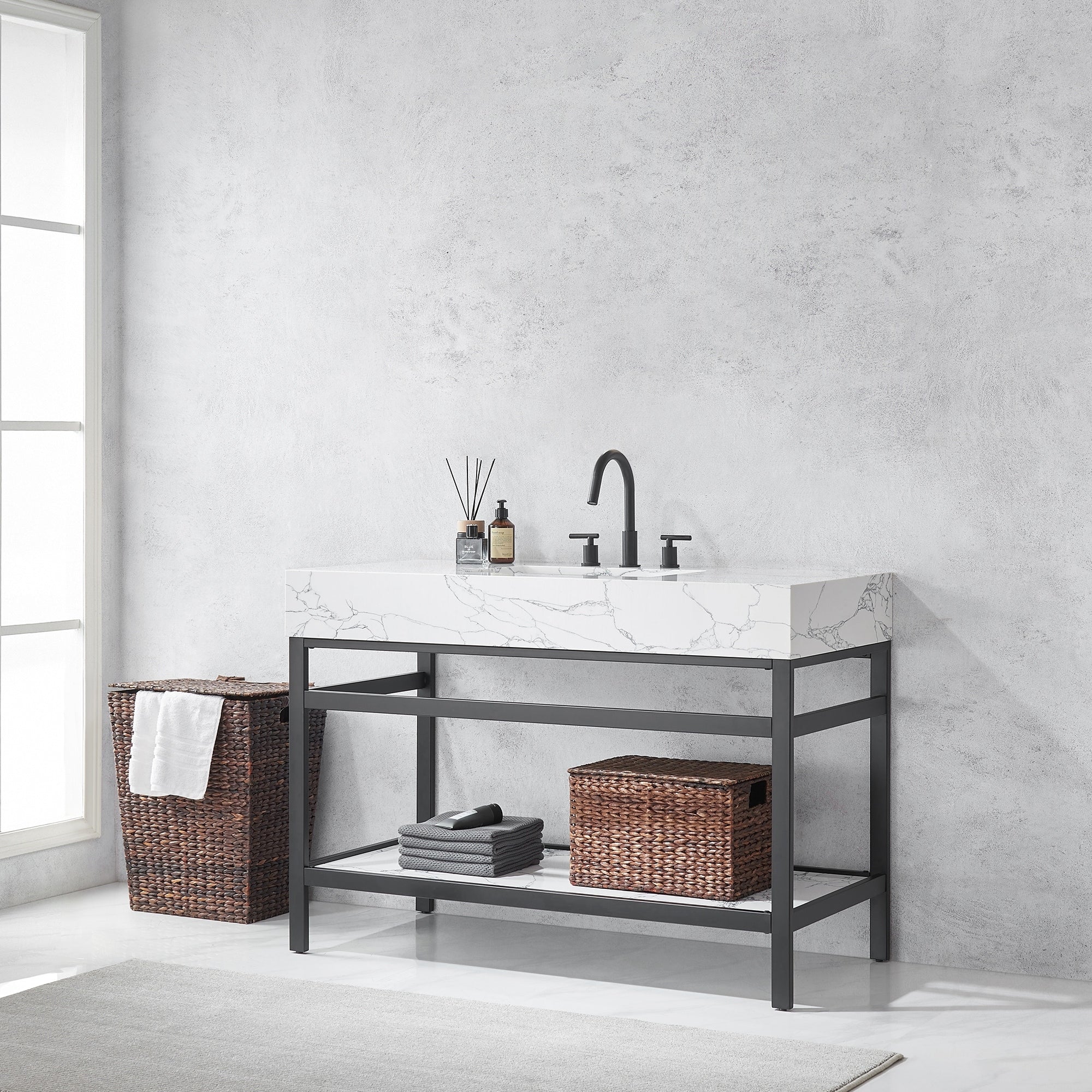 Ecija Bath Vanity, Metal Support with Composite Stone Top, no Mirror