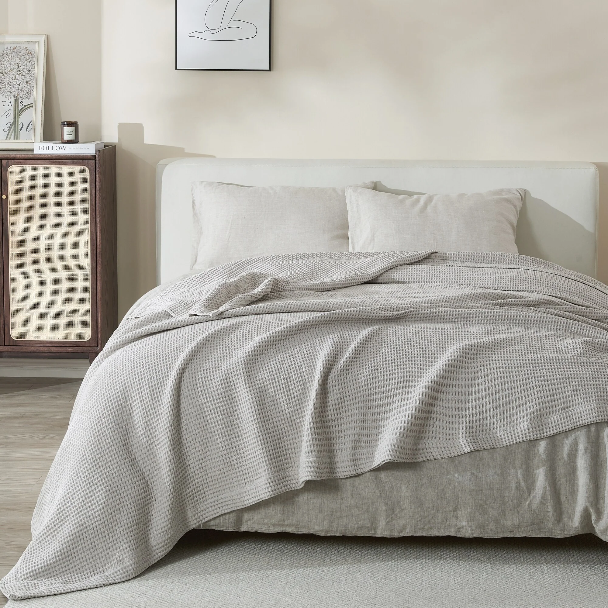 Linery & Co. 100% Cotton All-Season Lightweight Waffle Weave Knit Throw Blanket