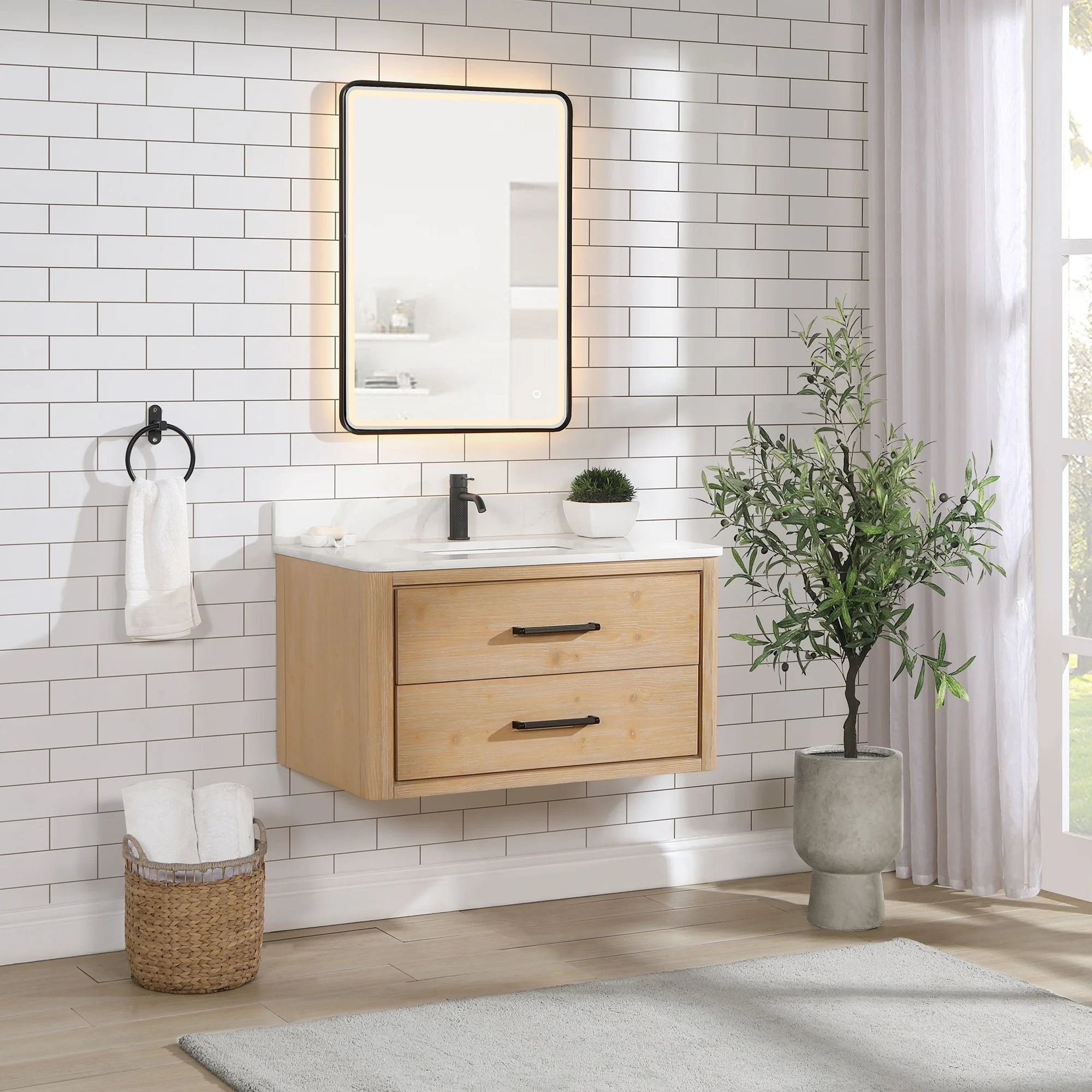 Cristo Floating Bath Vanity with White Quartz Stone Top and Mirror
