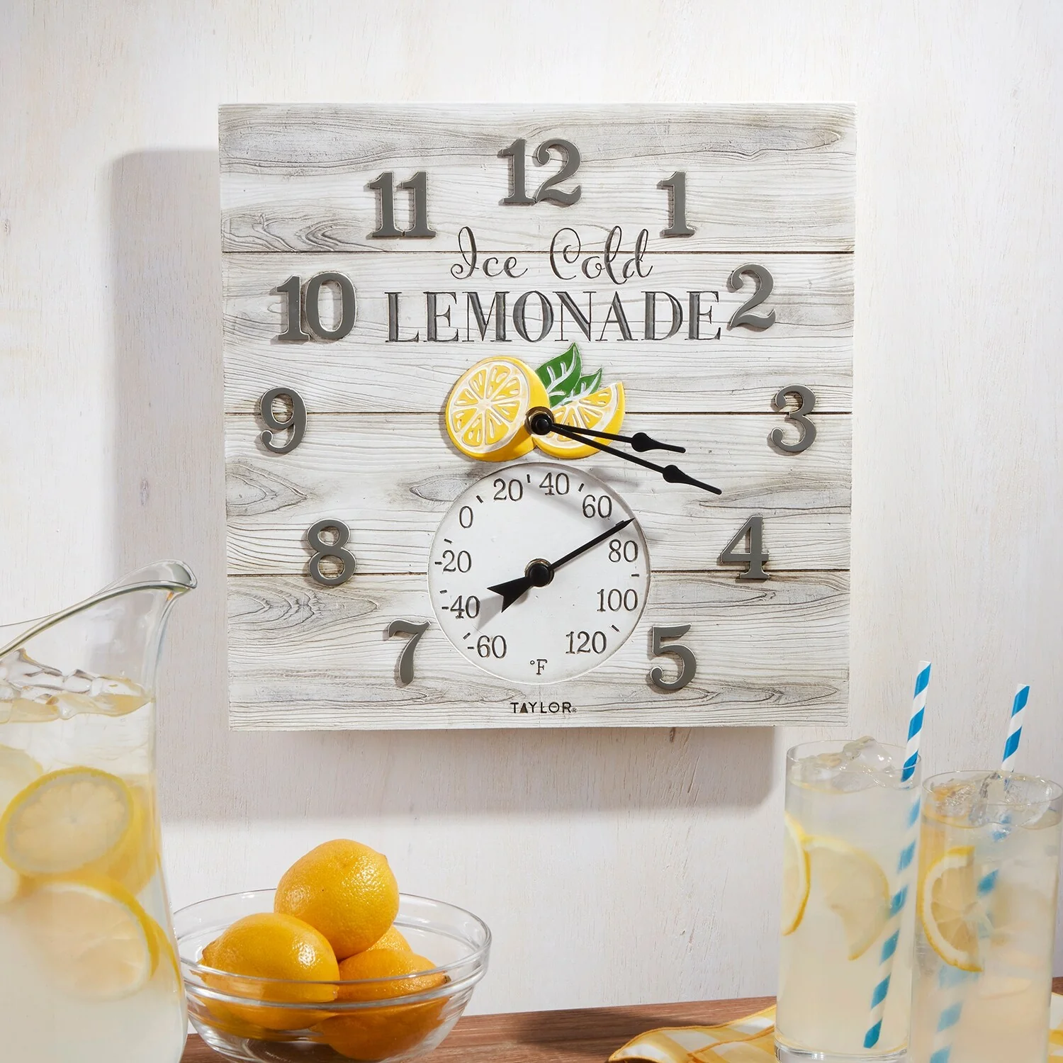 Taylor Poly Resin Lemonade Clock with Thermometer, 14x14 Inch