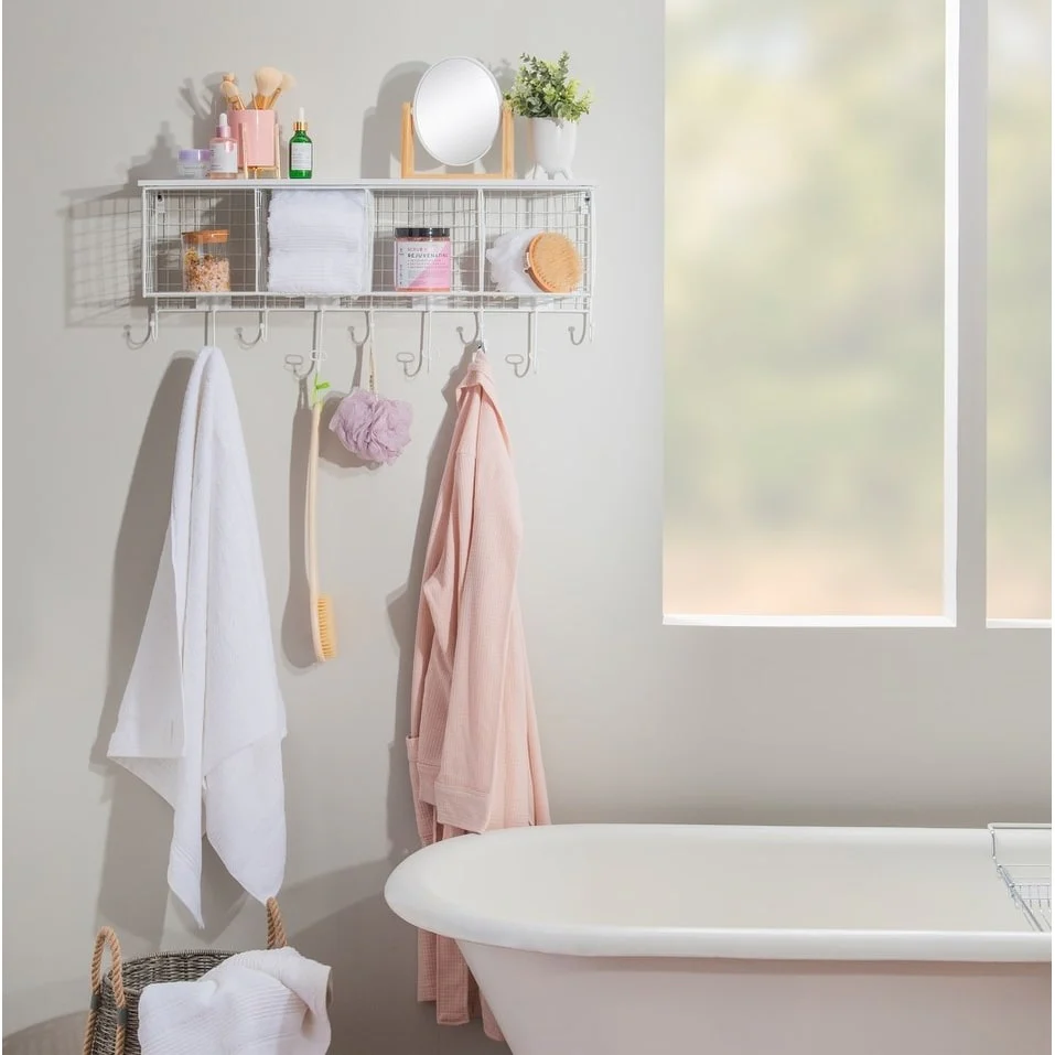 Linon Four Cubby Wall Shelf with Hooks