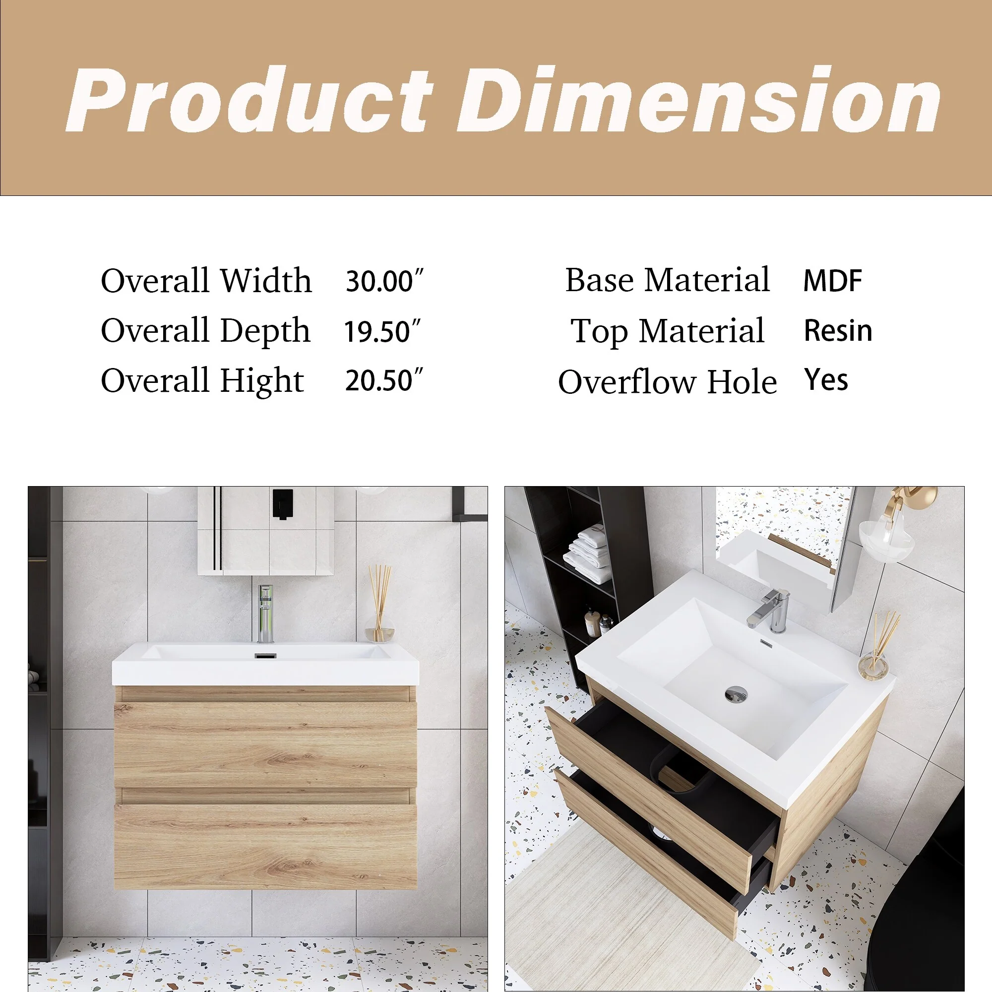 Angela Wall Mounted Bathroom Vanity in F. Oak with White Cultured Marble Top