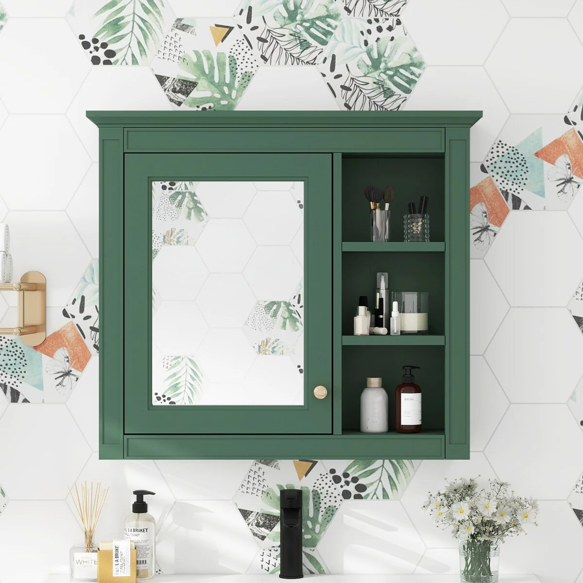 30'' x 28'' Wall Mounted Bathroom Storage Cabinet, Modern Bathroom Wall Cabinet with Mirror,Mirror Cabinet with 3 Open Shelves