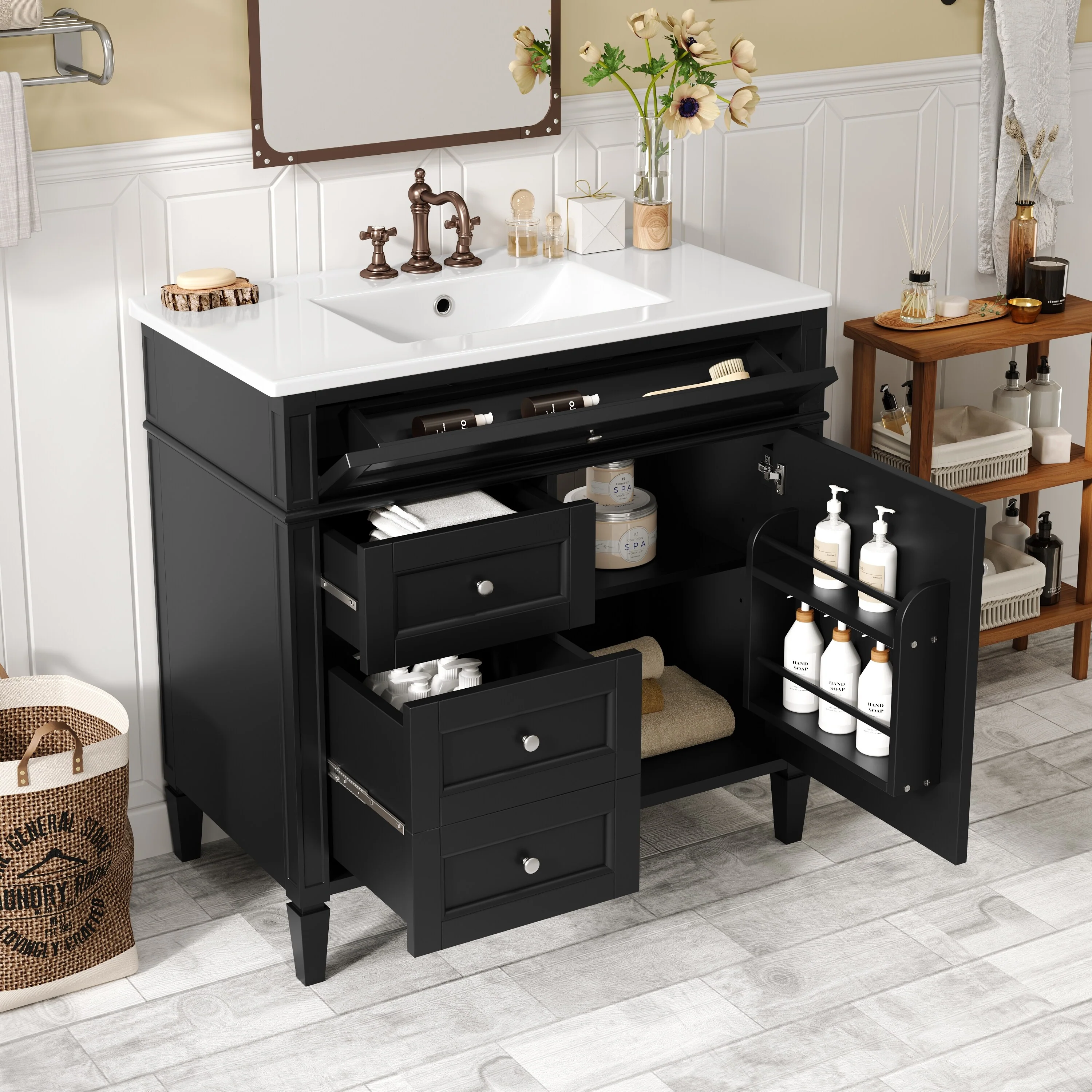 Bathroom Vanity with Single Sink, Bathroom Vanities with 2 Drawers, Bathroom Storage Cabinet with 1 Tip-Out Drawer and 1 Door