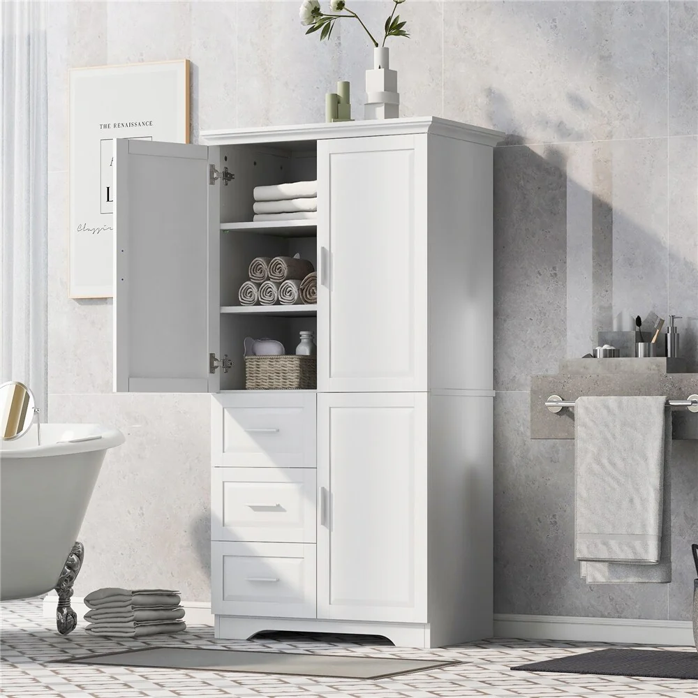 Tall and Wide Storage Cabinet with Doors for Bathroom, Three Drawers