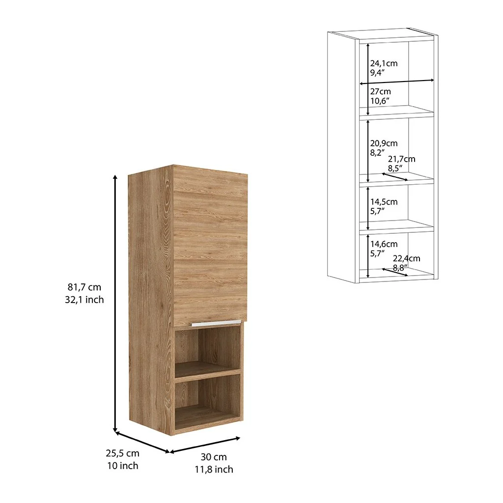 Modern Wood Medicine Cabinet, Compact Bathroom Medicine Cabinet with 1 Door and Open Shelves, 32.08 