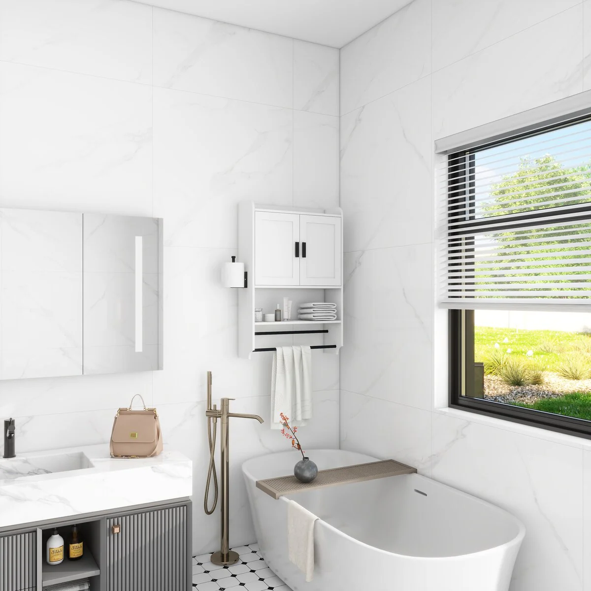 Bathroom Wall Cabinet with Doors,Adjustable Shelf,Towel Bar and Paper Holder,Over The Toilet Storage Cabinet,Medicine Cabinet