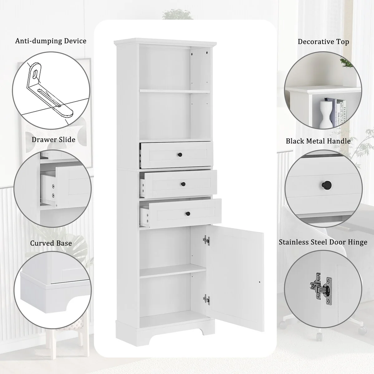 10 in. W x 22 in. D x 68.3 in. H White MDF Linen Cabinet with 3 Drawers and Adjustable Shelves