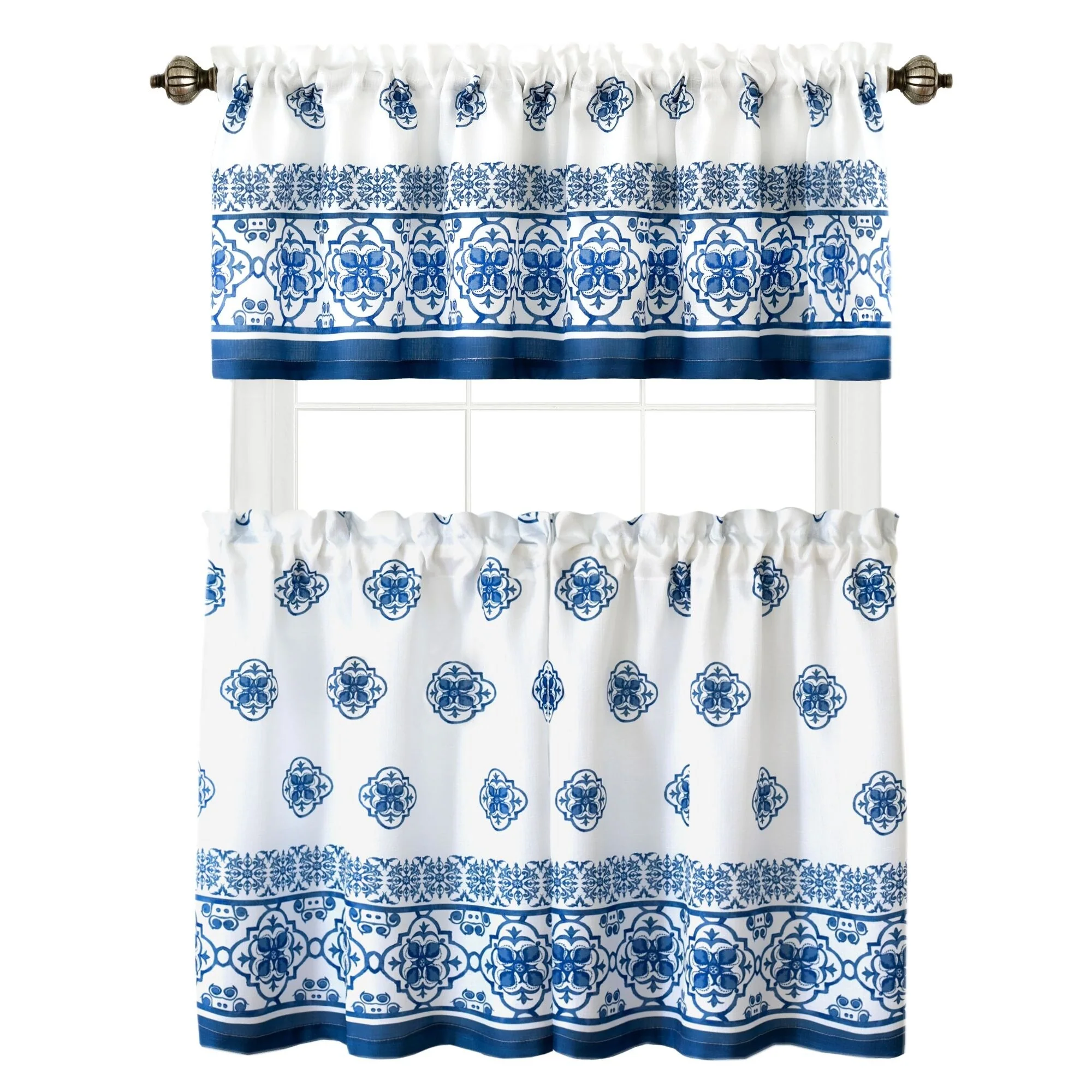 Amani Tile 3-Piece Kitchen Curtain Tier Set & Valance
