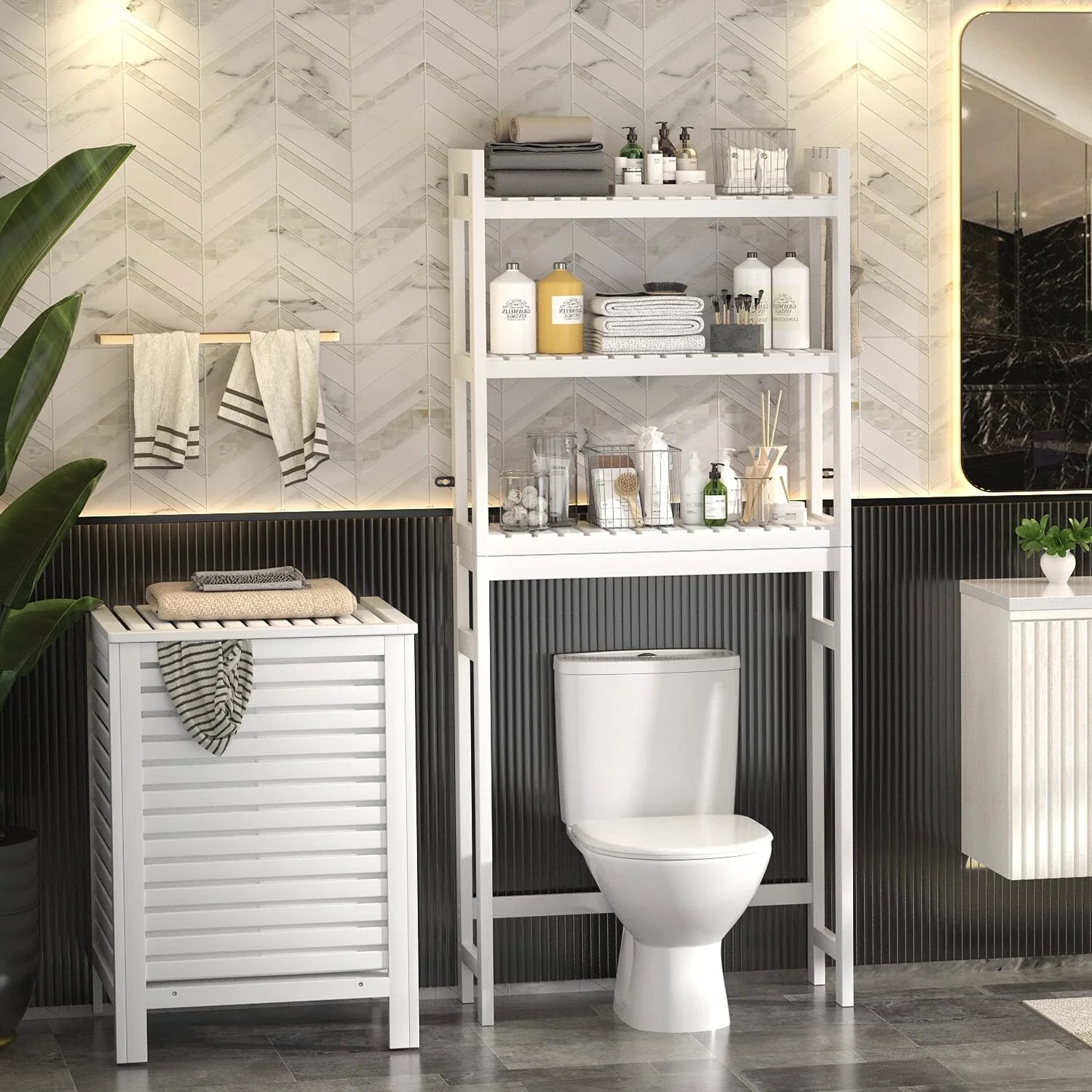 Over The Toilet Storage Shelf, Bamboo 3-Tier Above Toilet Storage Rack with 3 Hooks