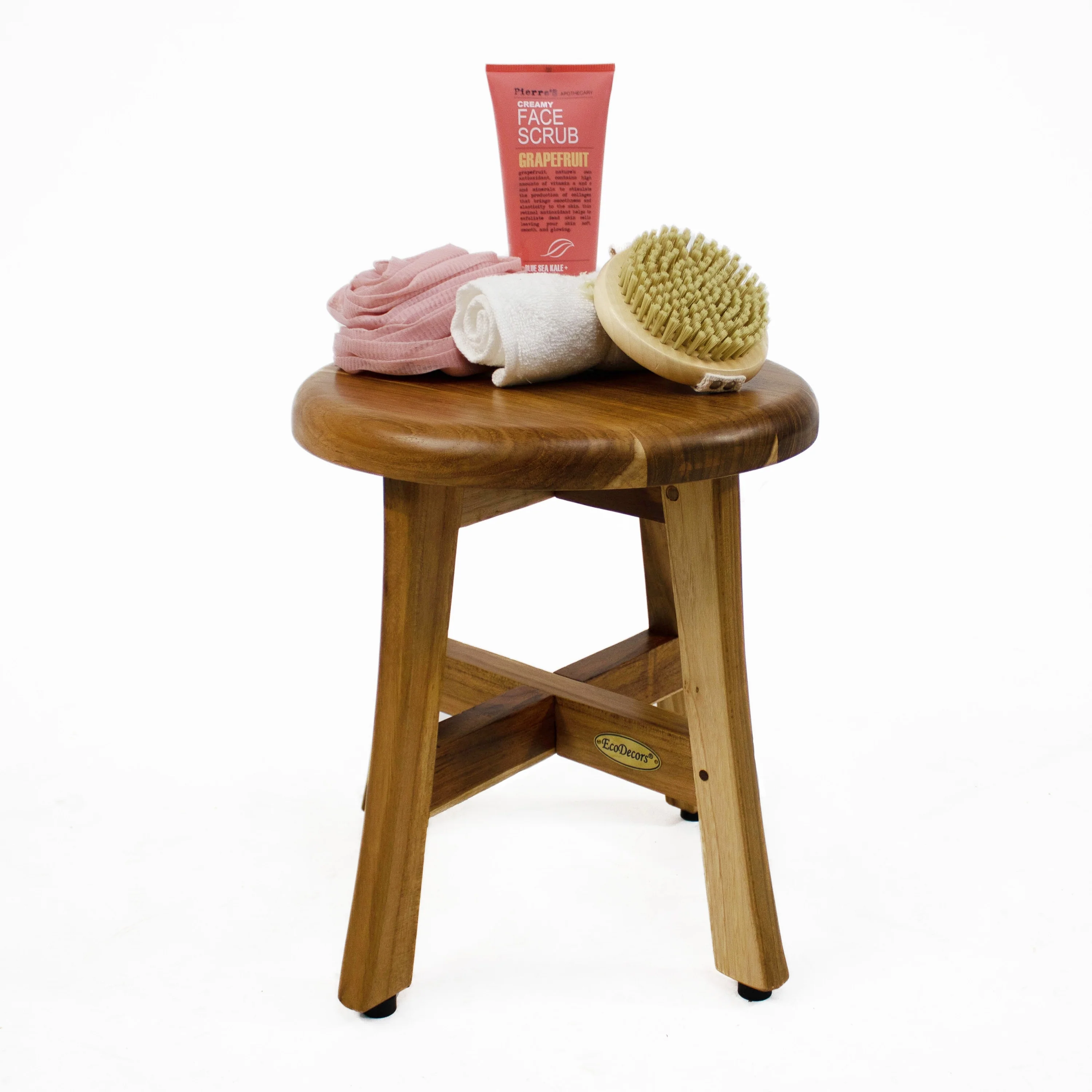 EcoDecors Shoji 13.5in Teak Wood Round Compact Shaving Shower Foot Stool - 11.5