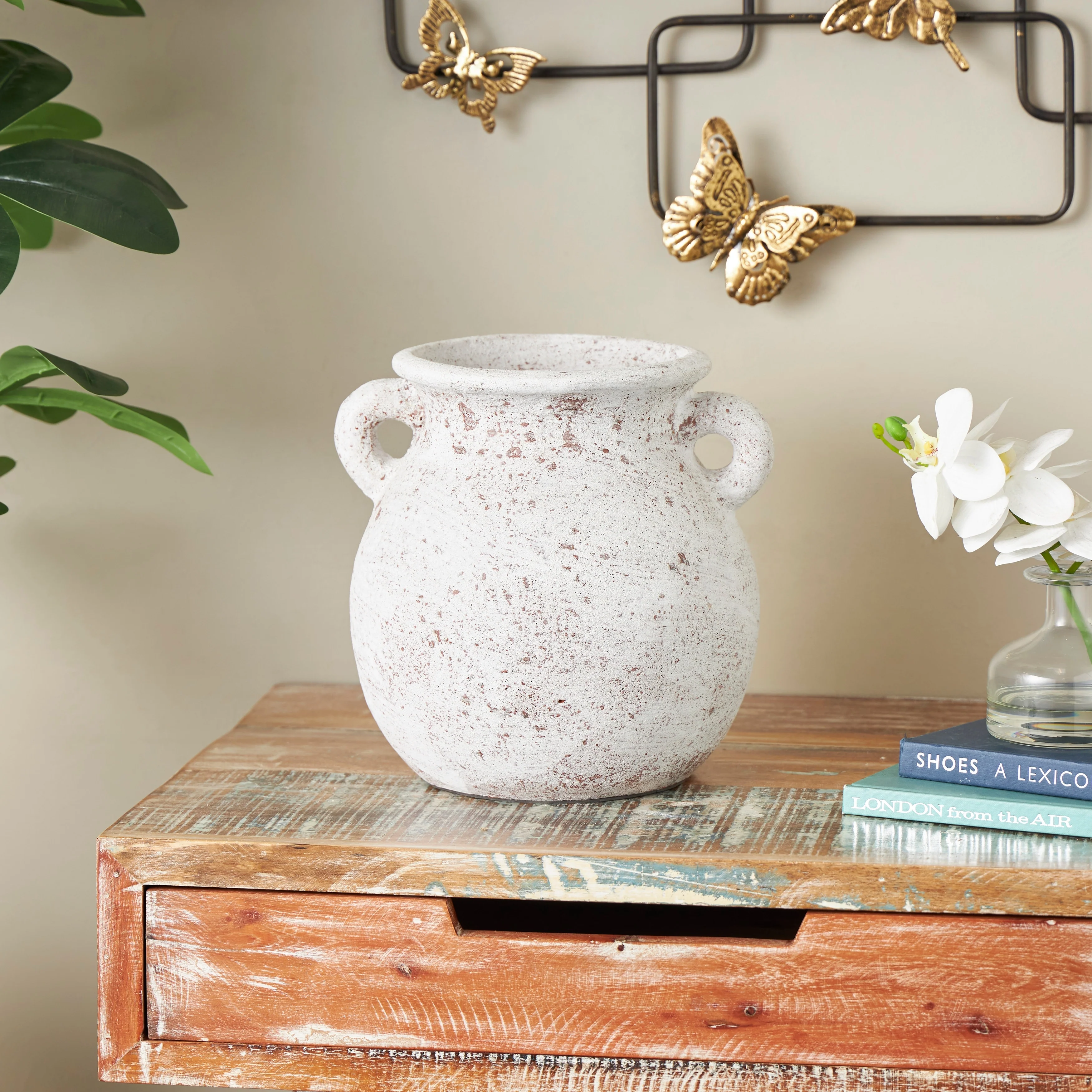 Cream Ceramic Antique Style Textured Pot Decorative Vase with Handles