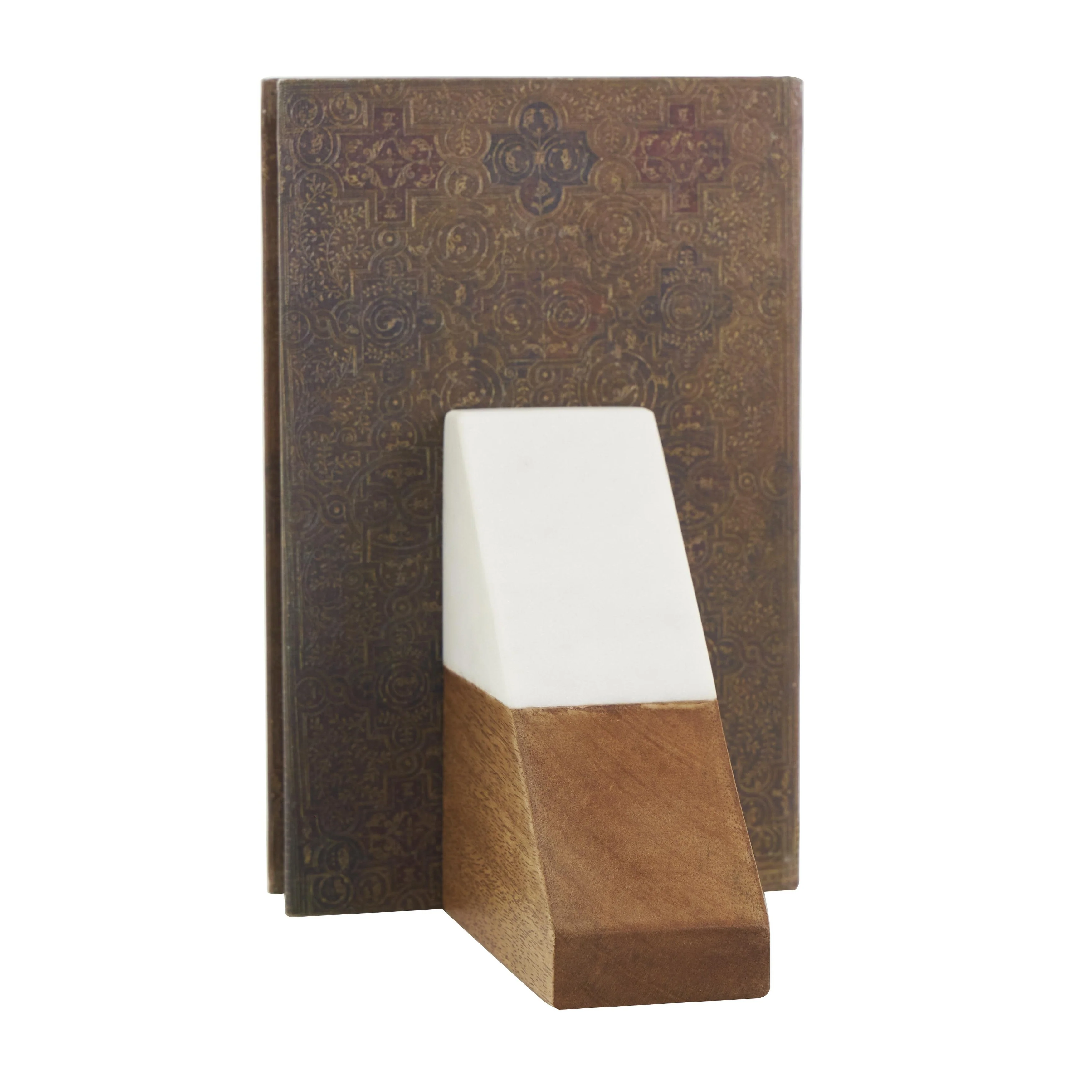 Mango Wood Geometric Triangle 3 lbs Decorative Bookends with White Marble Tops - Set of 2 Brown - Roche River Decor