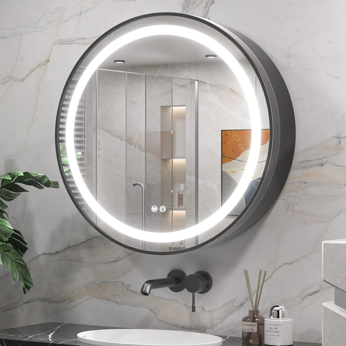 Keonjinn LED Metal Framed Round Medicine Cabinet with Mirror for Vanity, 3 Color Temperatures