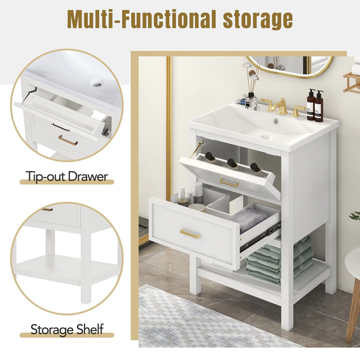 24'' Bathroom Vanity with Top Single Sink with 2 Drawers