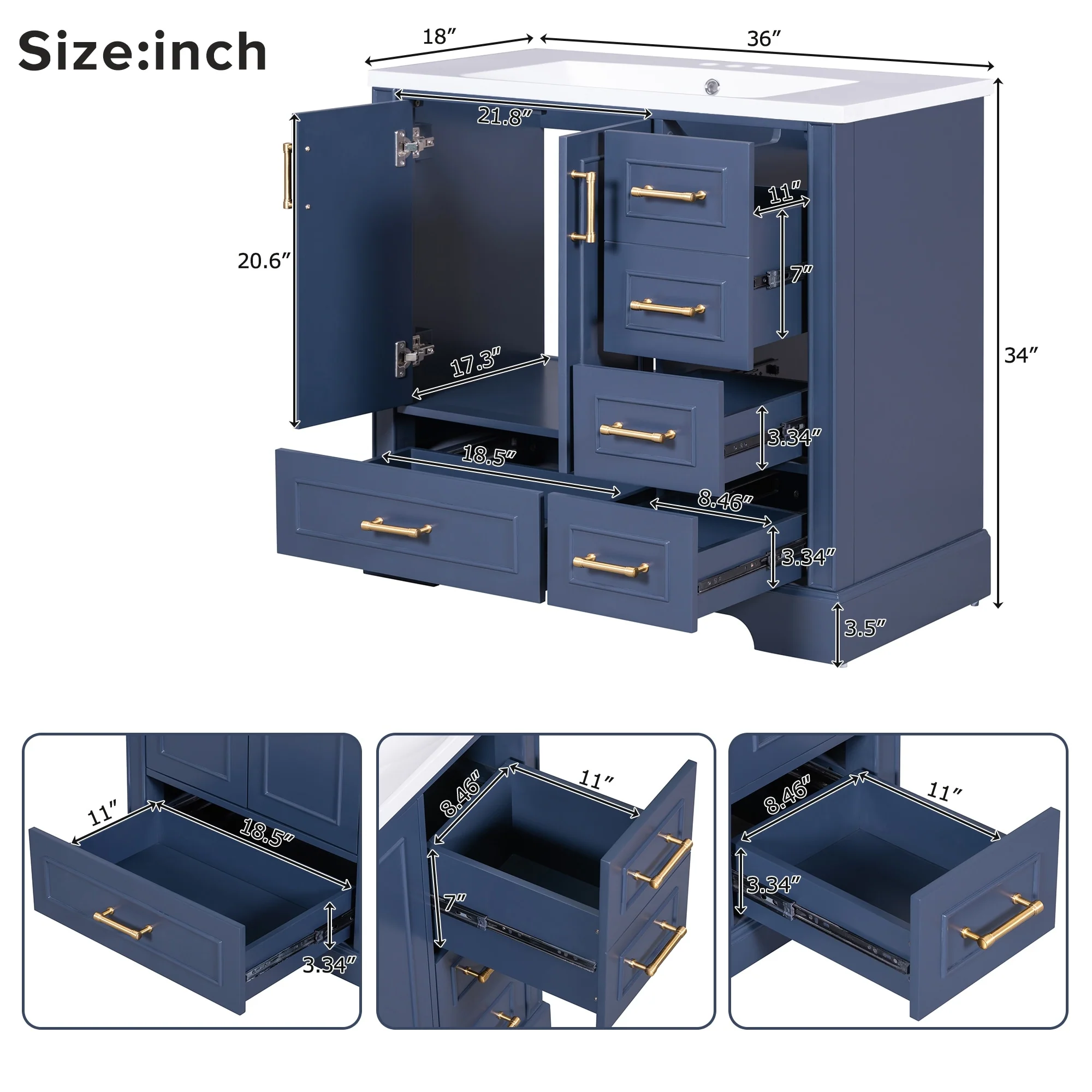 36-inch Traditional Bathroom Vanity with Four Drawers