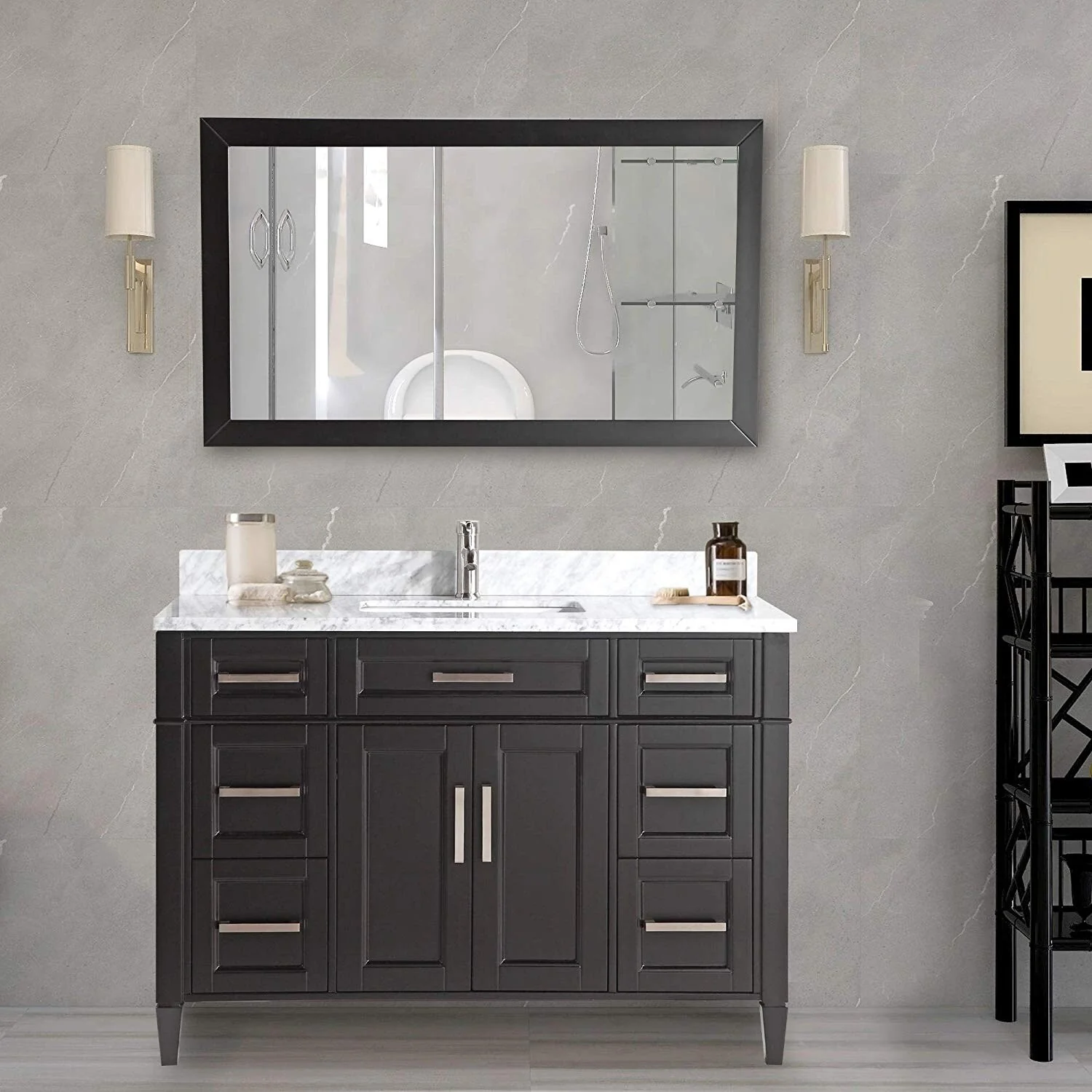Vanity Art 60-Inch Single Sink Bathroom Vanity Set Carrara Marble Stone Top 7 Drawers 1 Shelf Undermount Sink with Free Mirror