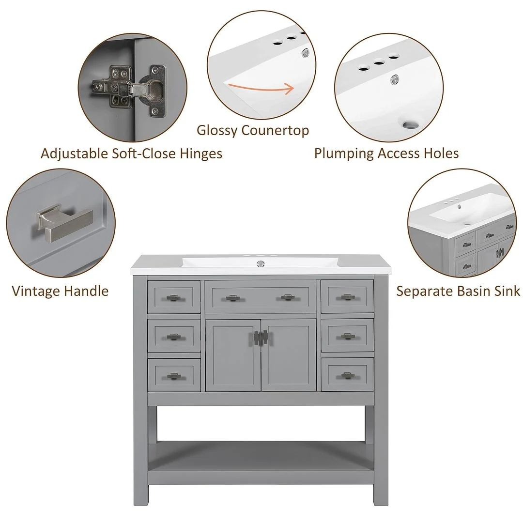 36'' Modern Bathroom Bathroom Vanity with Sink and 6 Drawers，2 Soft Closing Doors