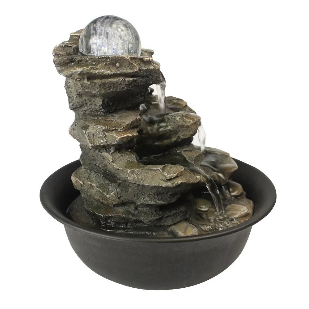 8.3-inch H 4-Tier Cascading Rock Falls Tabletop Water Fountain w/Light