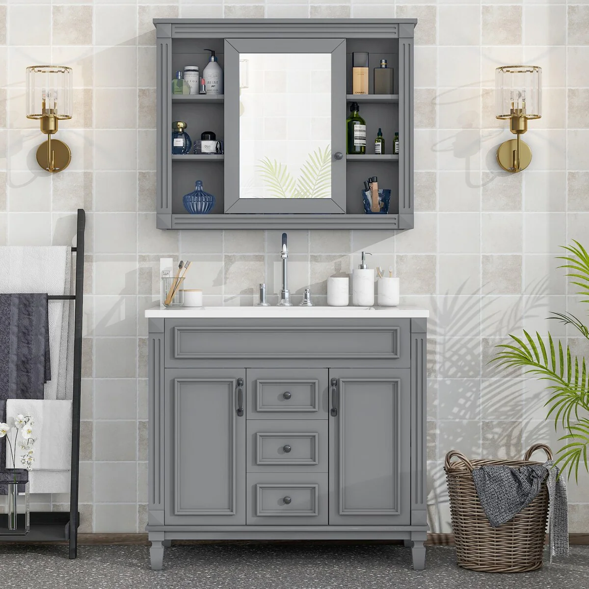 36 in. W x 18 in. D x 34 in. H Freestanding Bath Vanity with White Resin Top and Mirror Cabinet