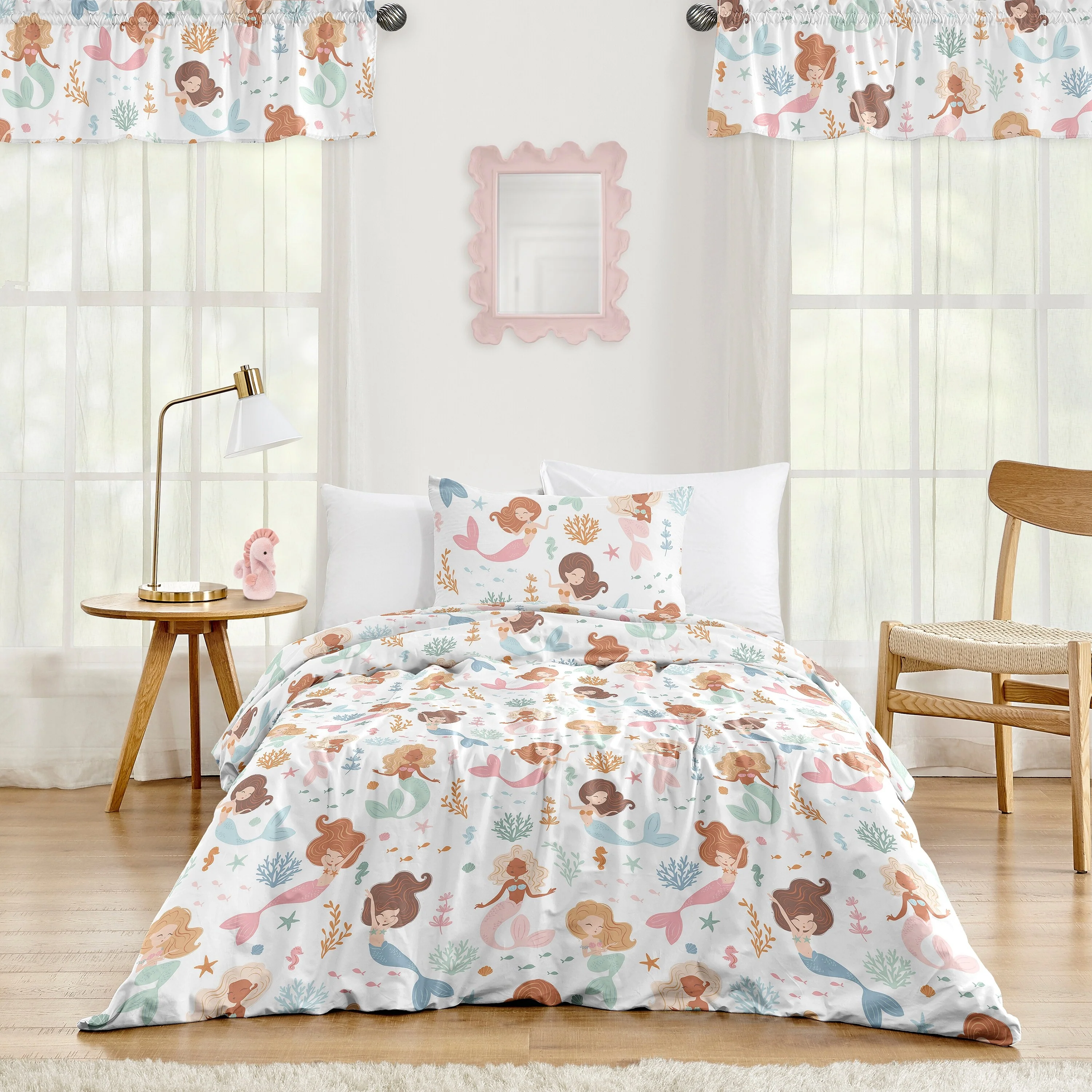 Sweet Jojo Designs Ocean Mermaids Girl 2p Twin Comforter Set Pink Teal Under the Sea Underwater Theme Fairytale Fish Blue Orange