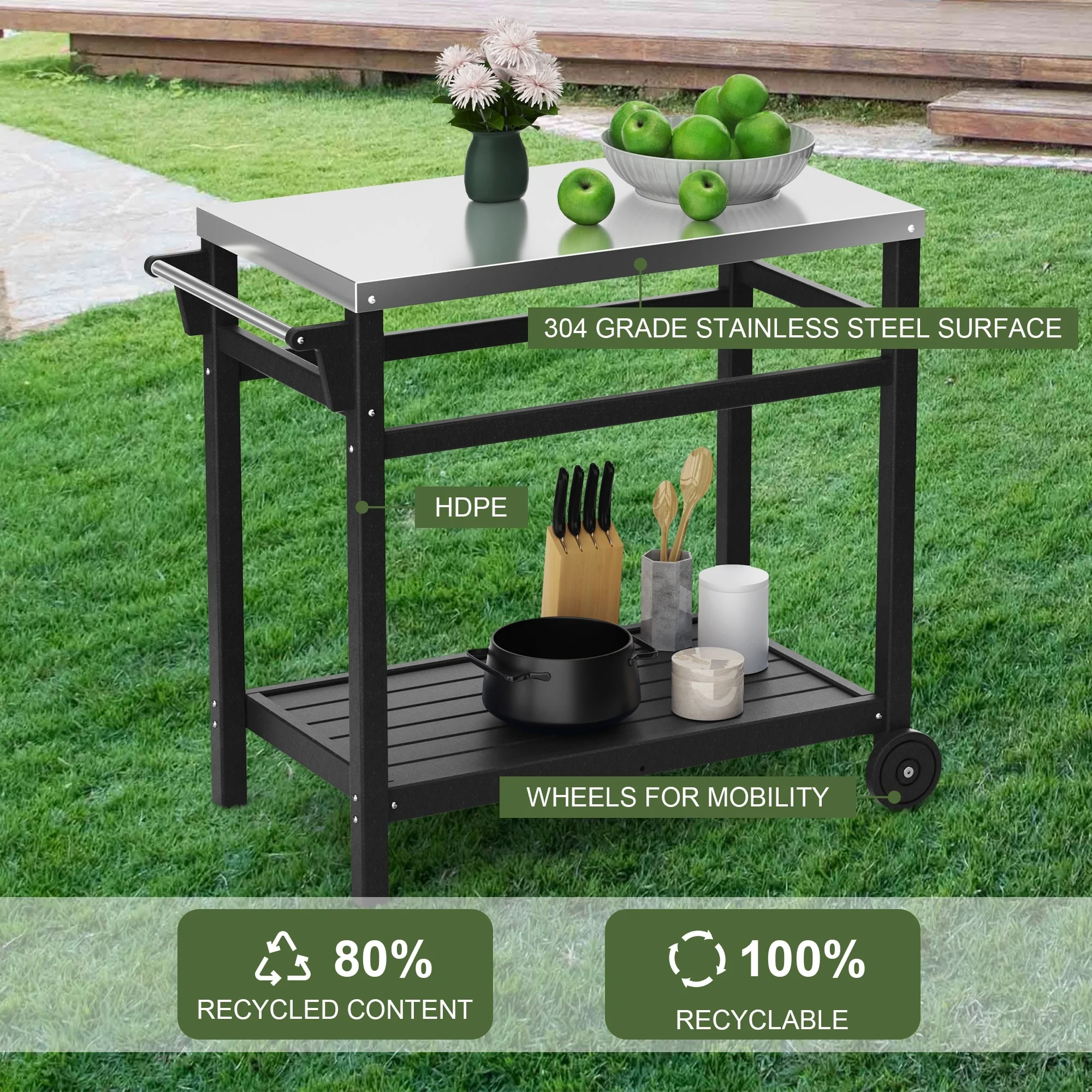 Outdoor Black Steel Movable Dining Cart Table for Patio Grilling