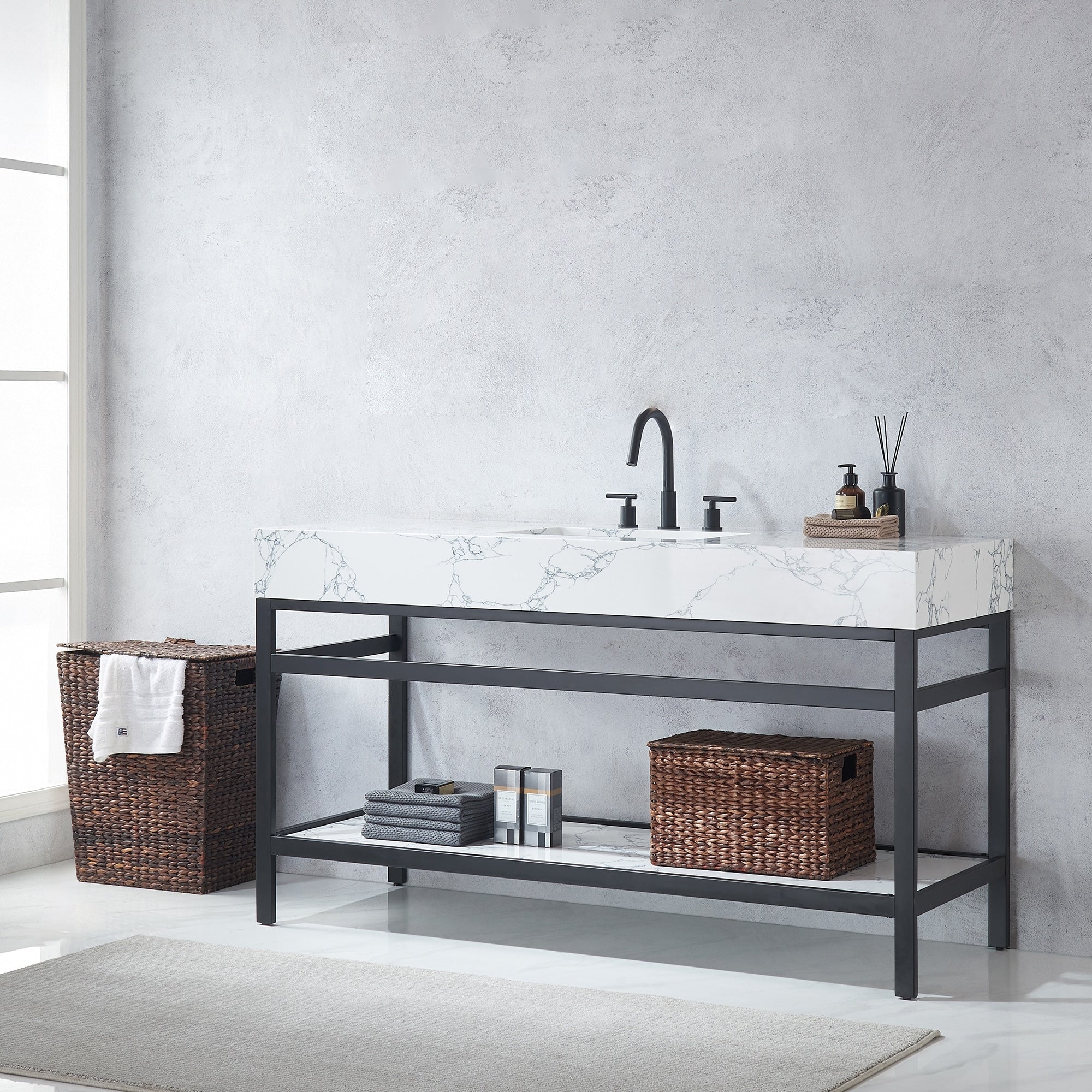 Ecija Bath Vanity, Metal Support with Composite Stone Top, no Mirror