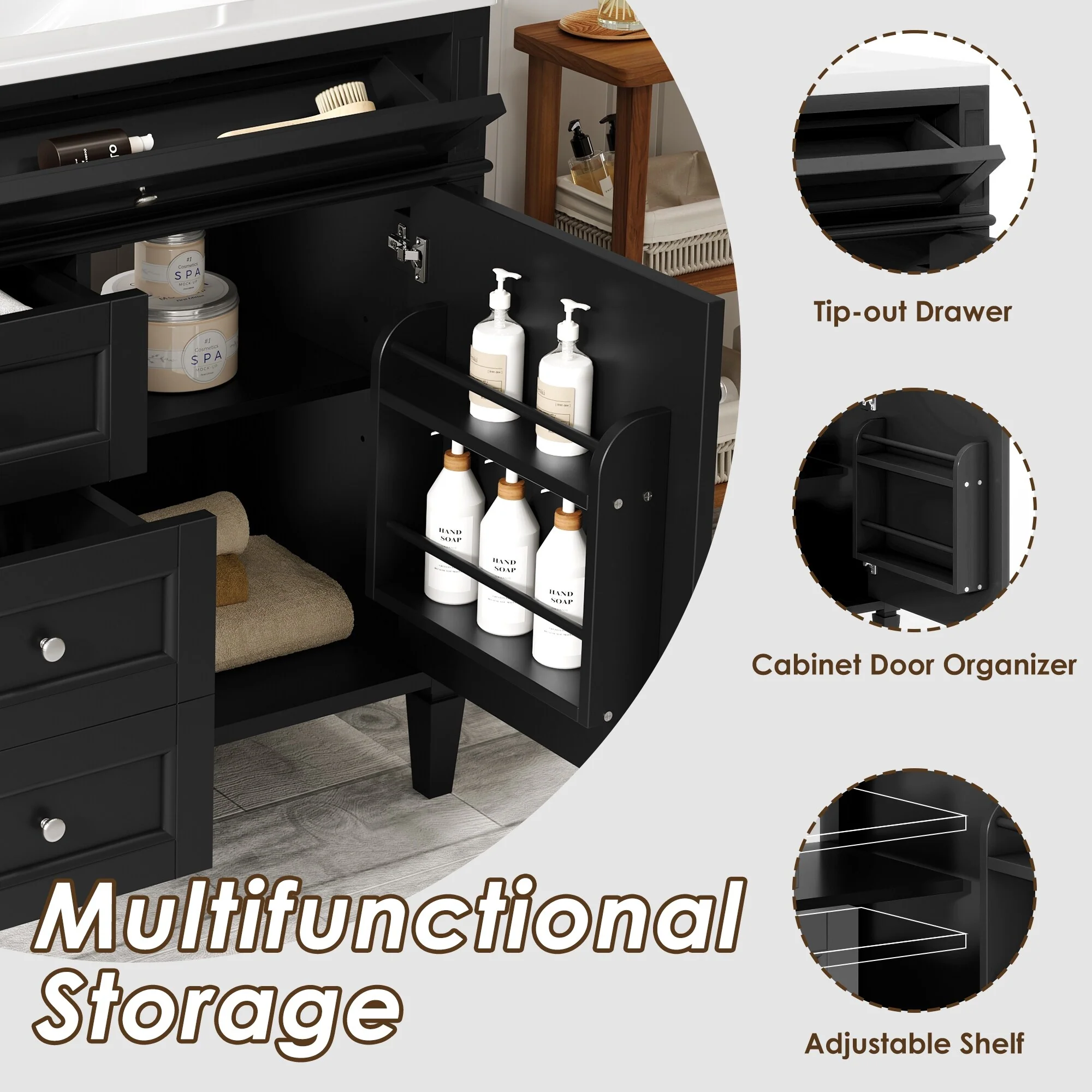 Bathroom Vanity with Single Sink, Bathroom Vanities with 2 Drawers, Bathroom Storage Cabinet with 1 Tip-Out Drawer and 1 Door