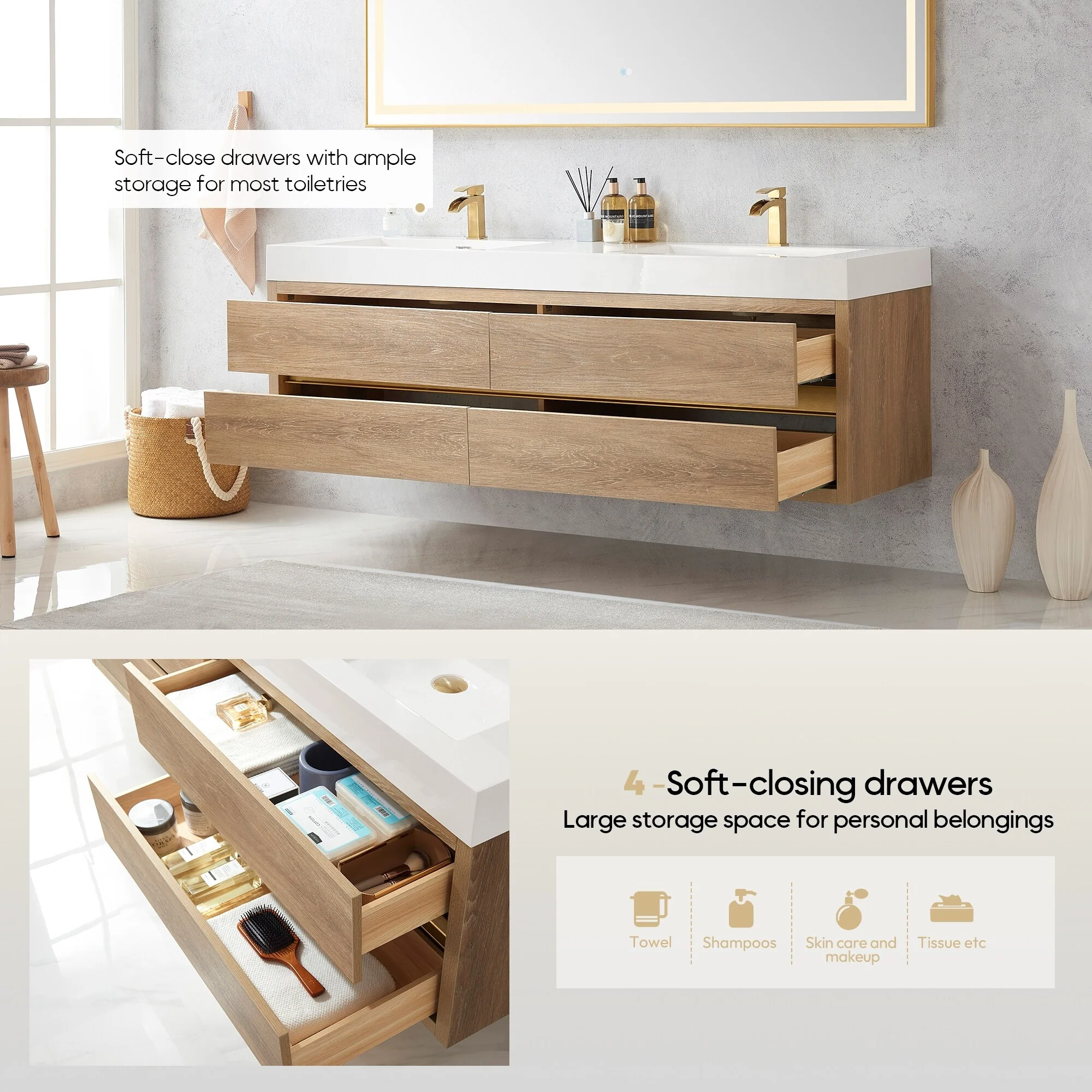 Palencia Double Floating Vanity with Composite Sink Top without Mirror