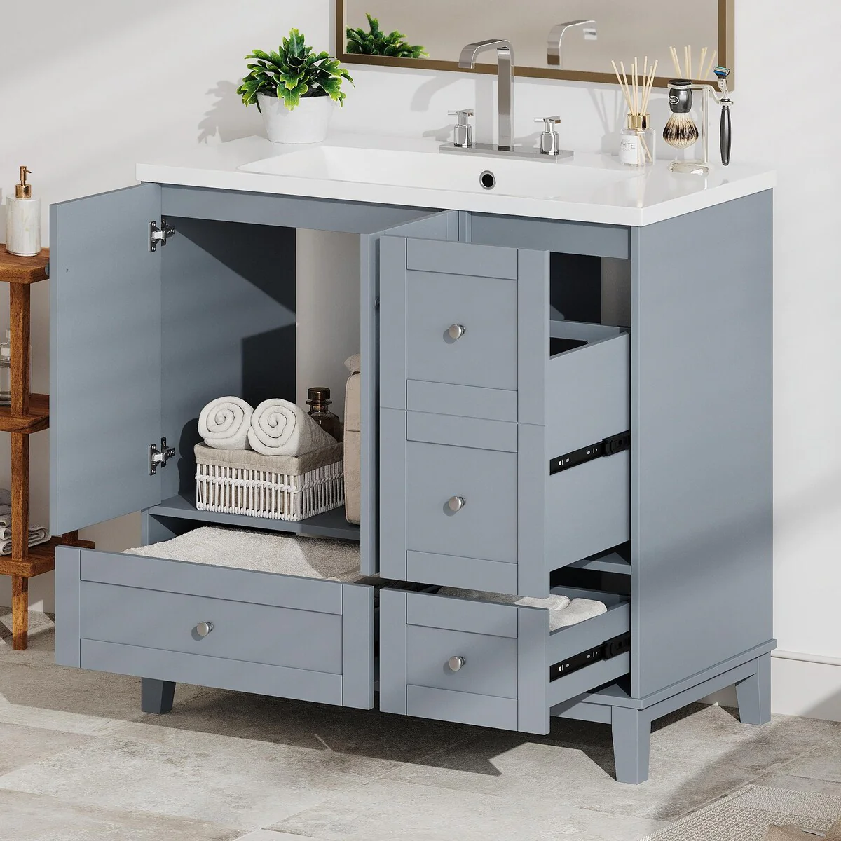 Modern 36-Inch Bathroom Vanity with Resin Sink and Ample Storage