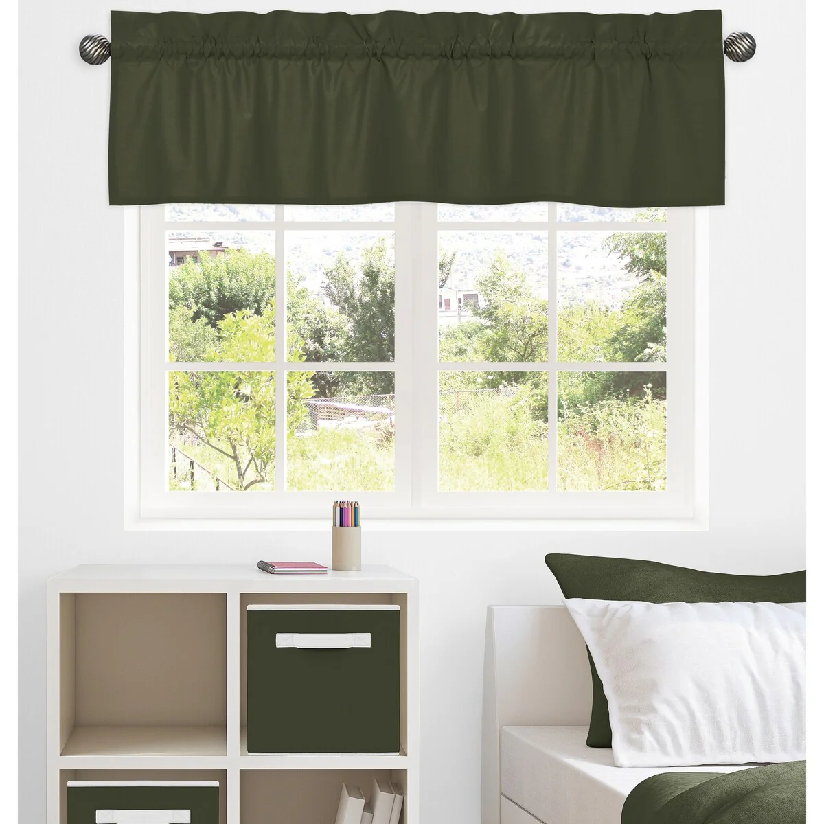 Dark Green Window Curtain Valance for Woodland Camo Collecton - Solid Color Hunter Forest Olive for Rustic Deer