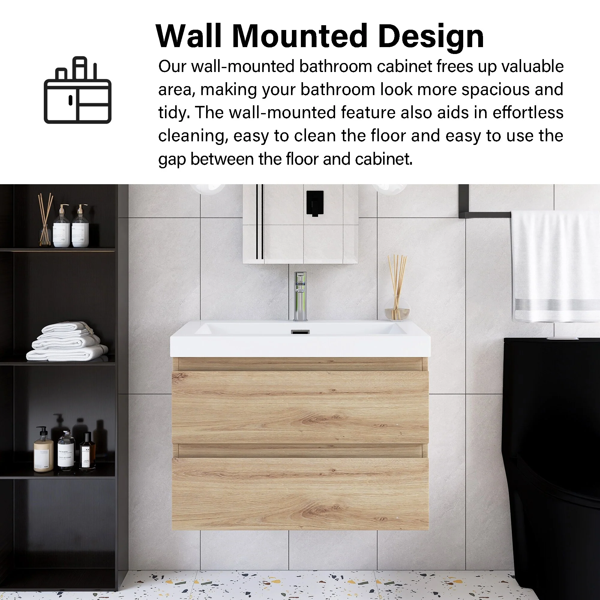 Angela Wall Mounted Bathroom Vanity in F. Oak with White Cultured Marble Top