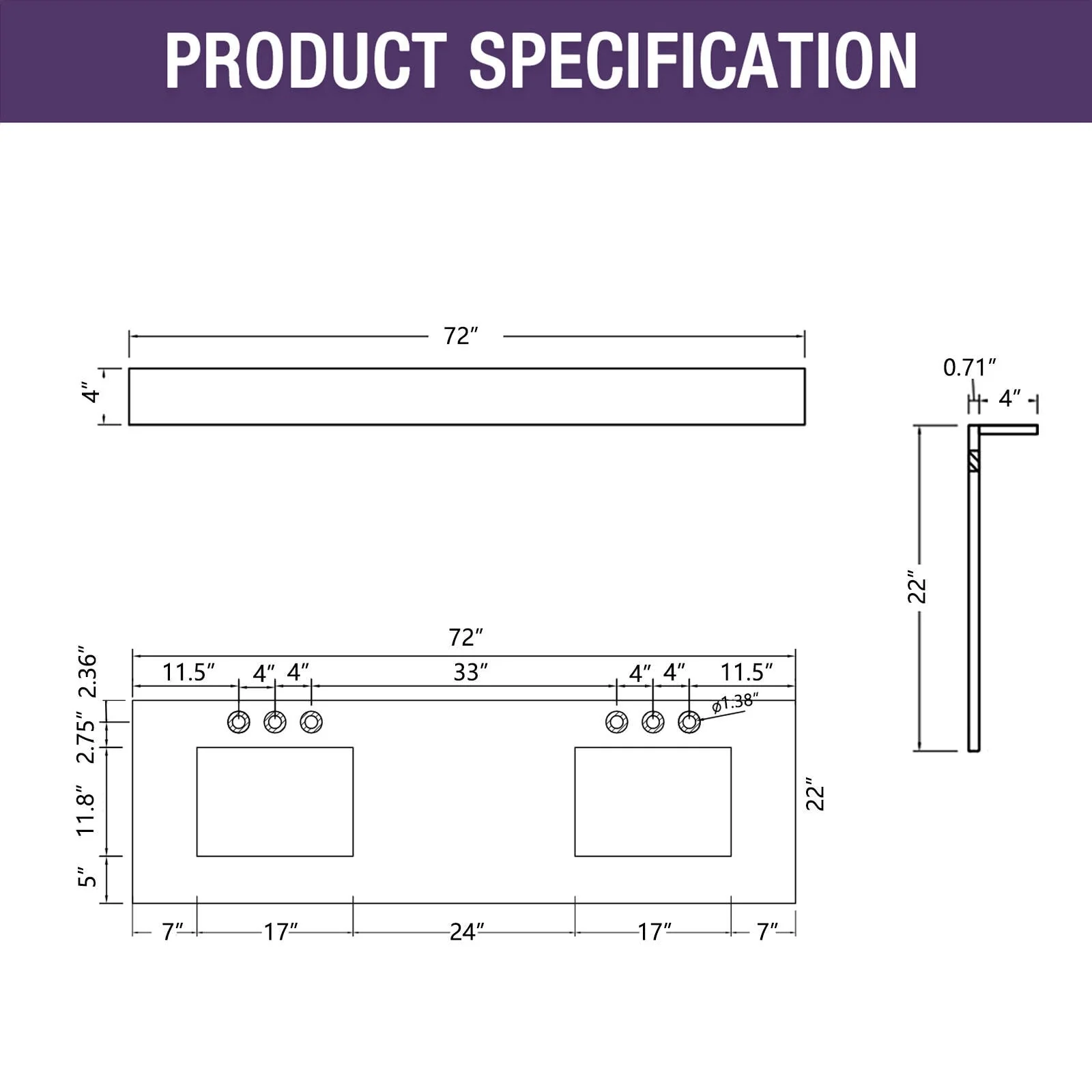 YASINU 72 inch White Quartz Vanity Top with Double Sink
