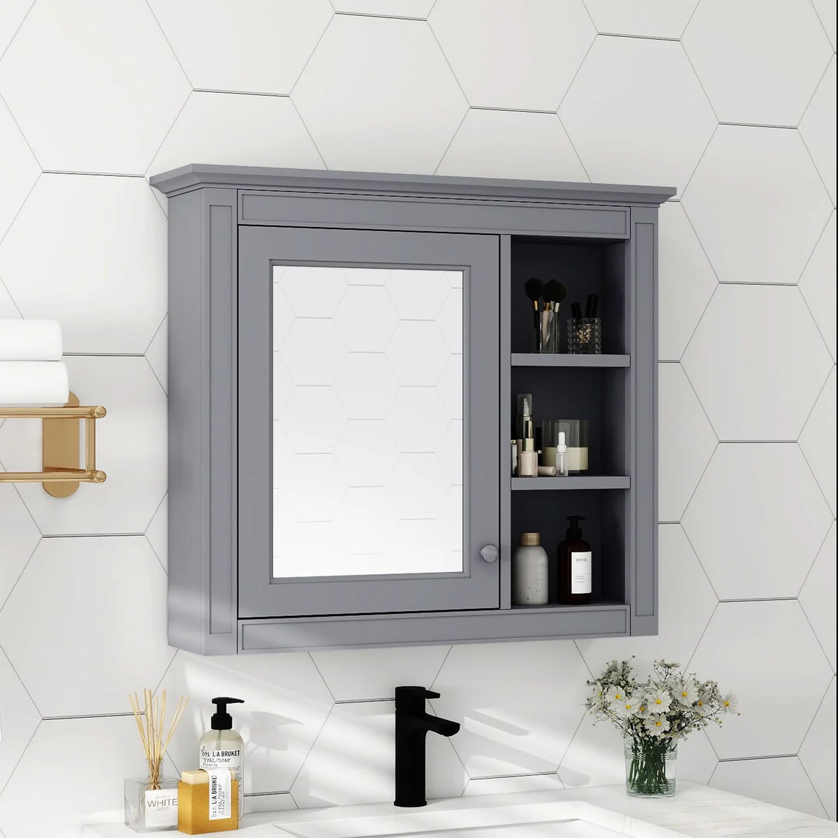 30'' x 28'' Wall Mounted Bathroom Storage Cabinet, Modern Bathroom Wall Cabinet with Mirror,Mirror Cabinet with 3 Open Shelves