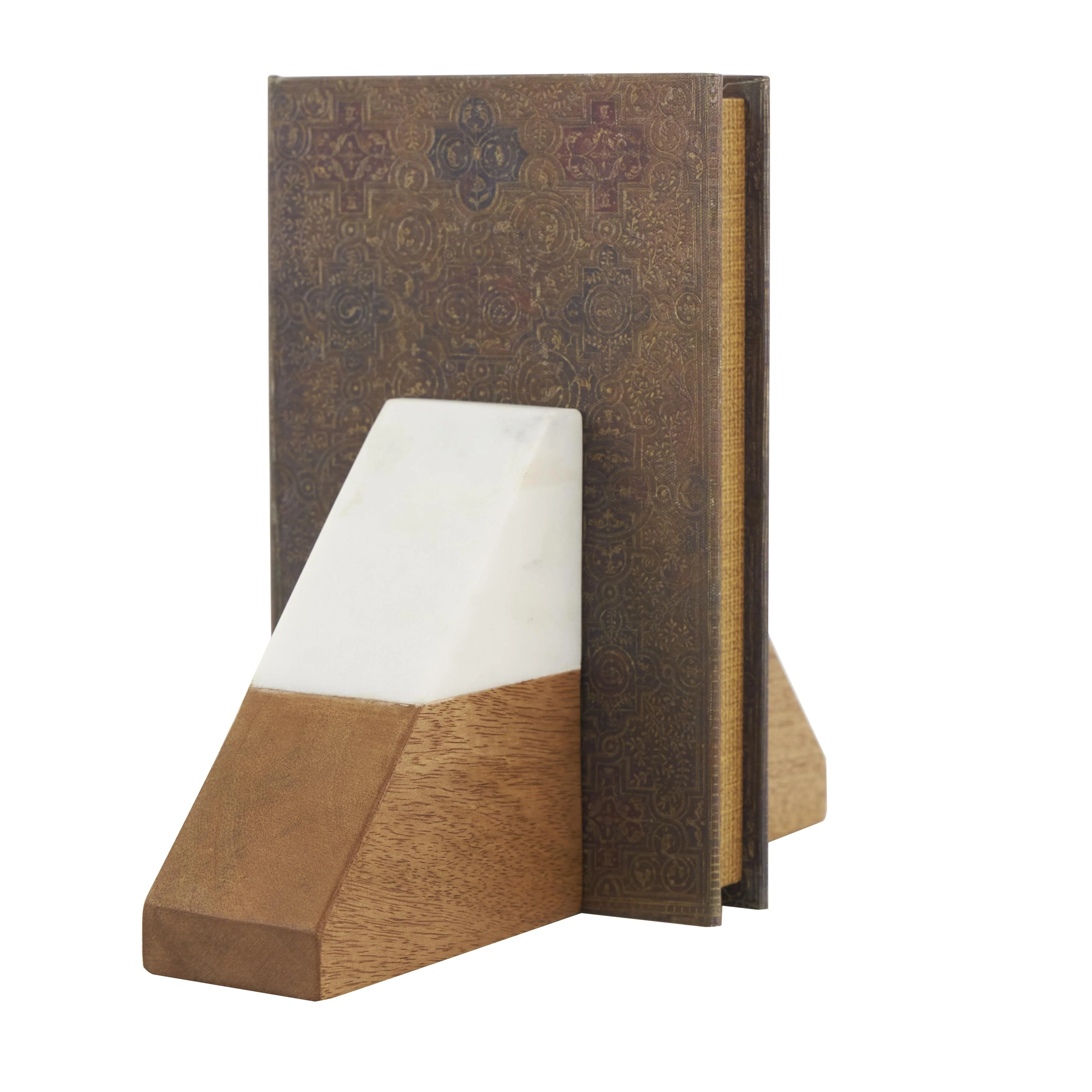 Mango Wood Geometric Triangle 3 lbs Decorative Bookends with White Marble Tops - Set of 2 Brown - Roche River Decor
