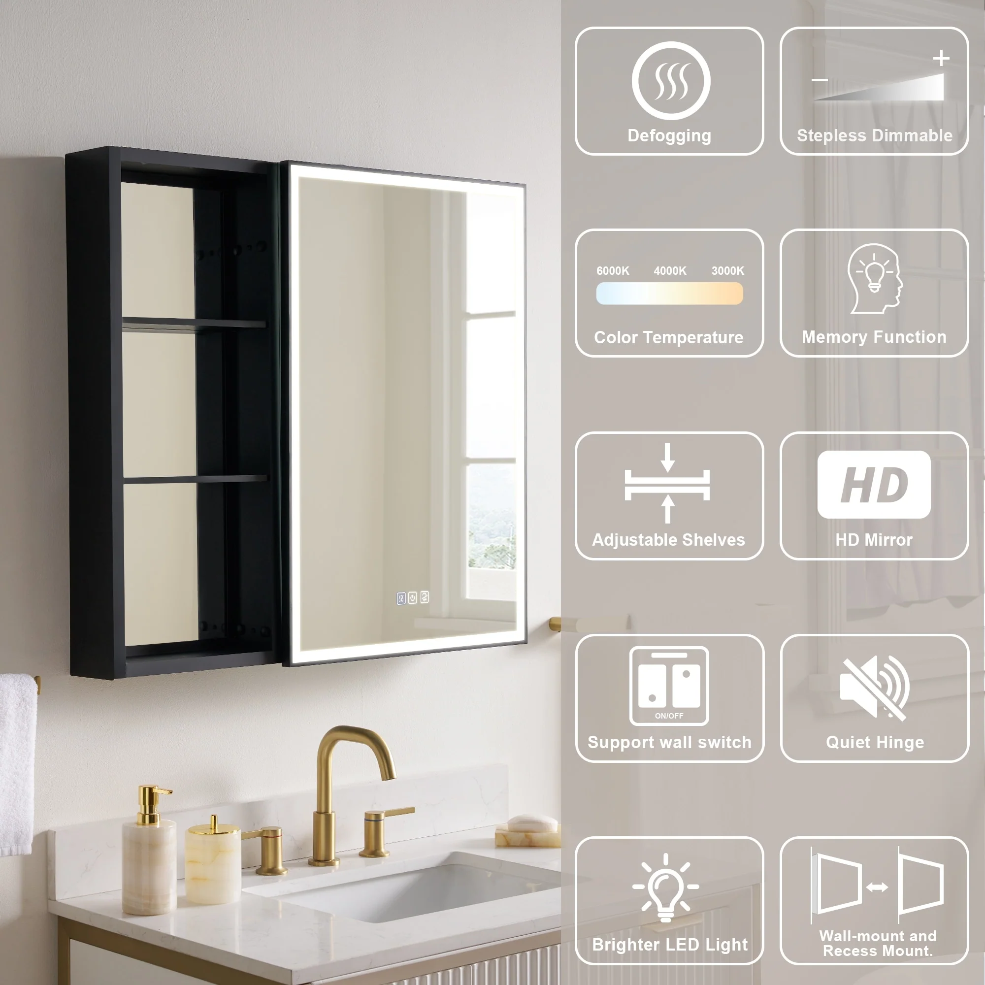 30 in. H Recessed or Surface Wall Mounted LED Mirror Cabinet With Black Side Cabinet