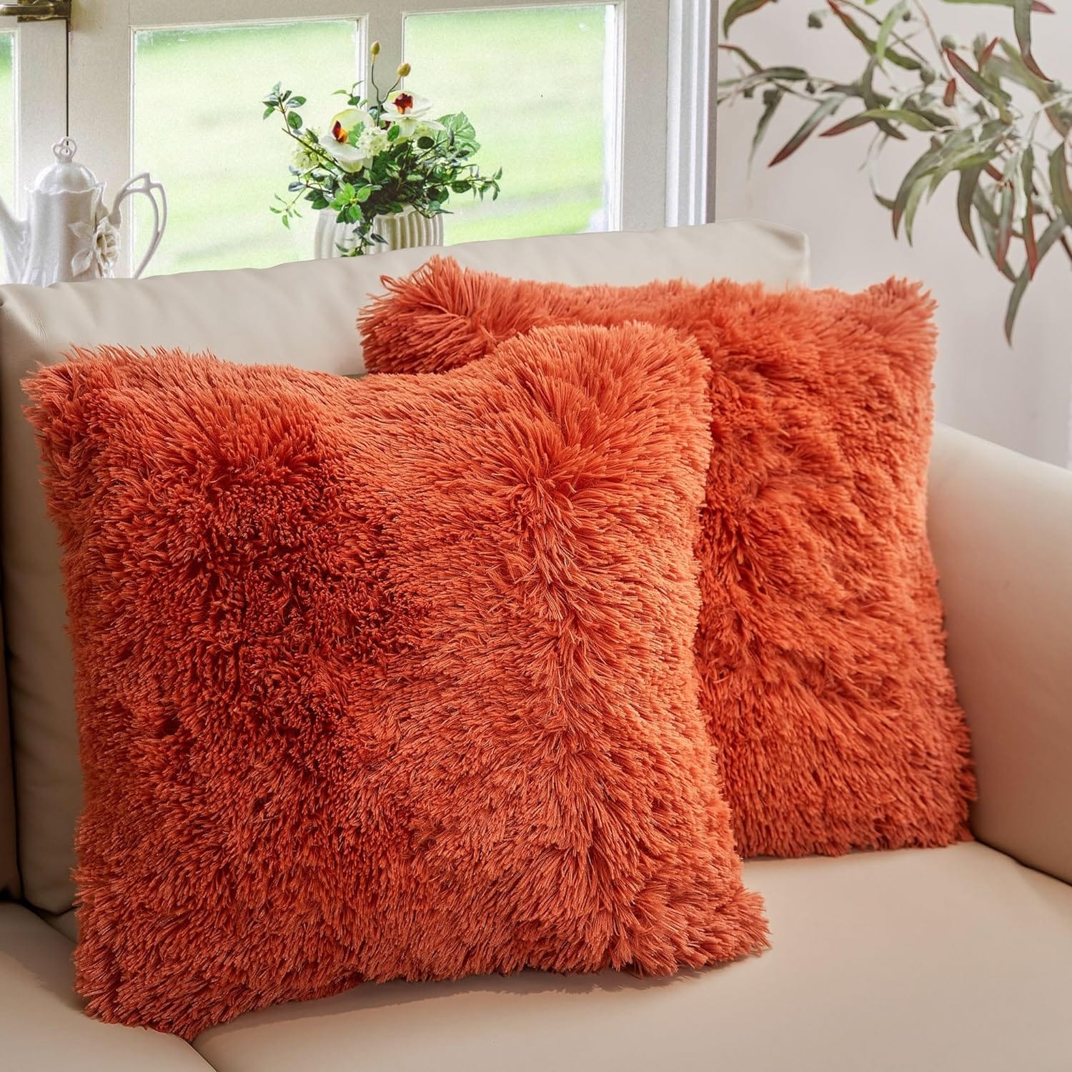 Cheer Collection Shaggy Long Hair Throw Pillows (Set of 2)
