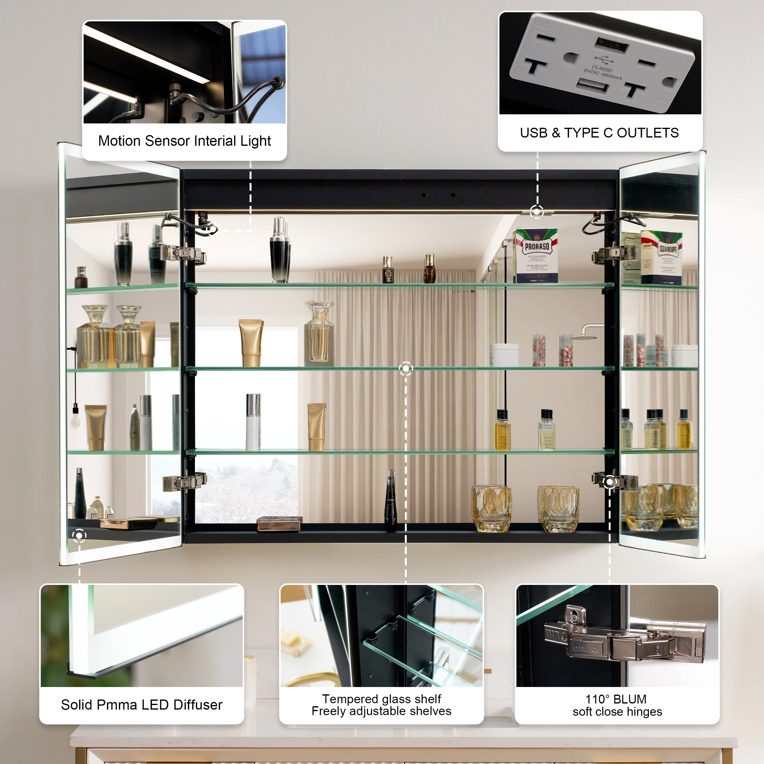 30'' H Recessed Or Surface Wall Mounted LED Mirror Cabinet With Mirror And Adjustable Shelves,Black Frame