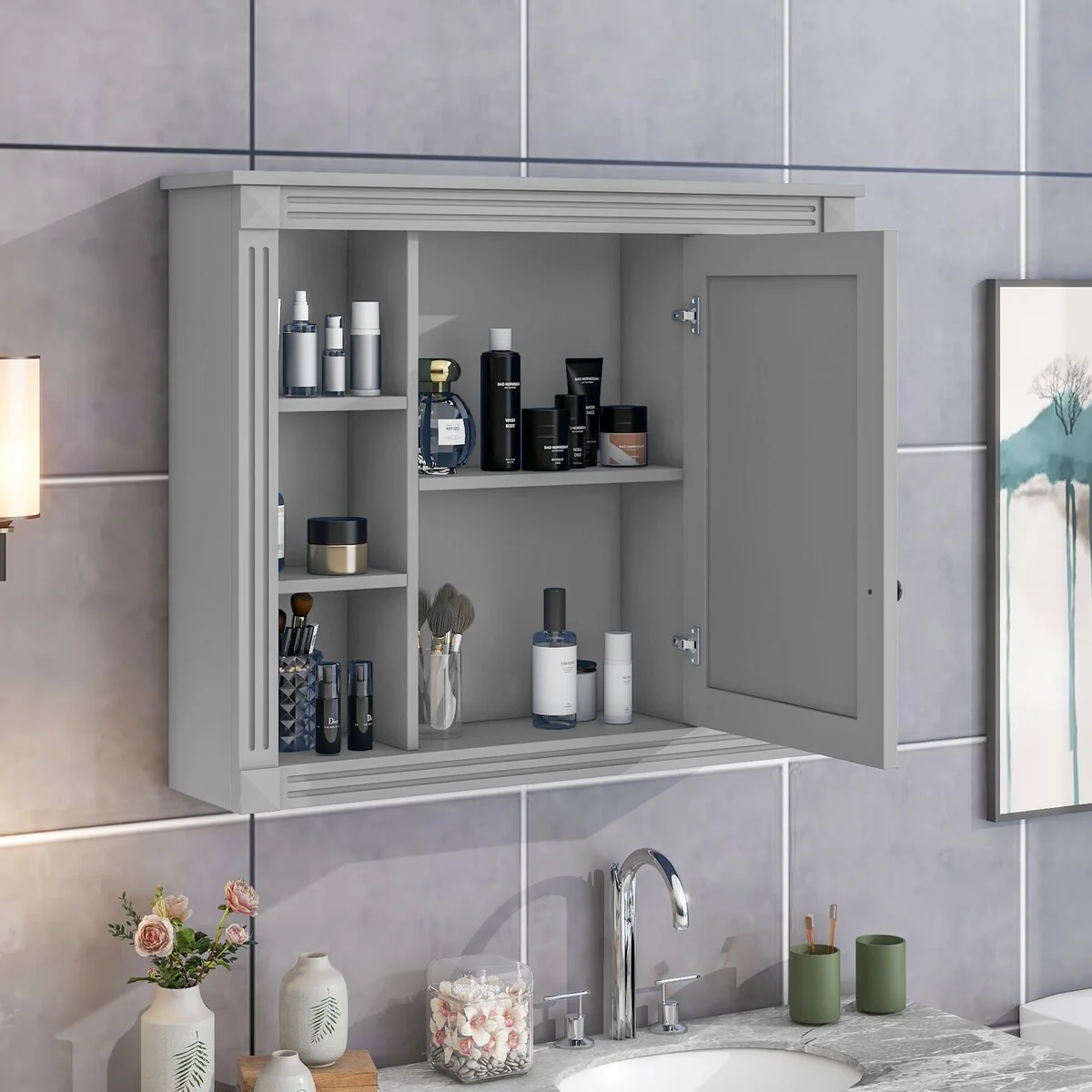 Wall Mounted Bathroom Storage Cabinet,Wall Cabinet with Mirror,Mirror Cabinet with 6 Open Shelves(Not Include Bathroom Vanity )